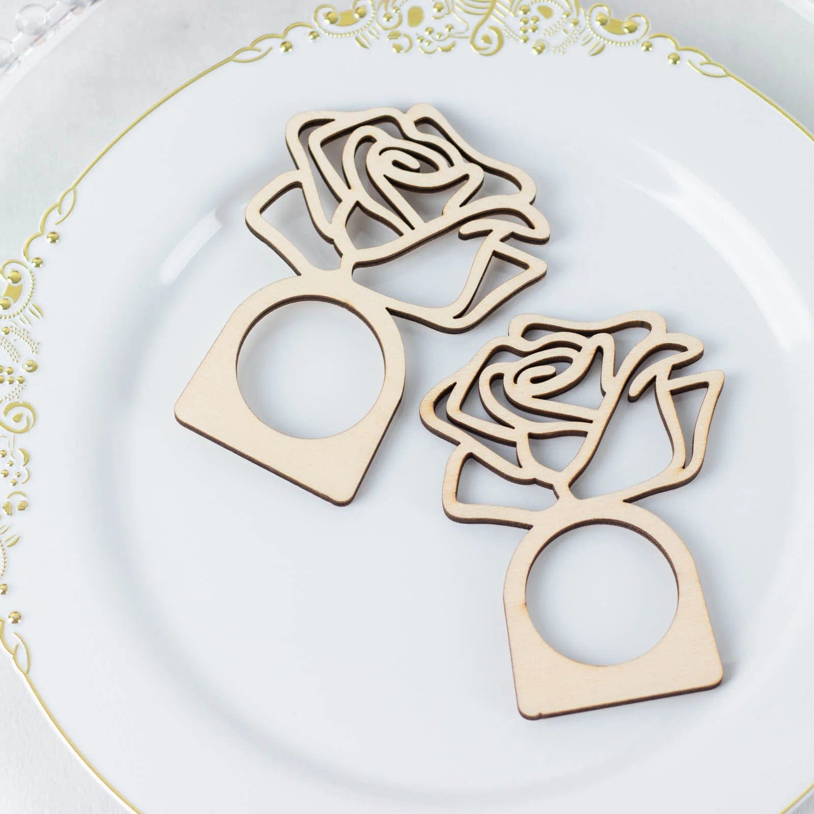 10 Pack Laser Cut Rose Design Wooden Napkin Rings - Natural Wood for Wedding, Party & Holiday Table Decor