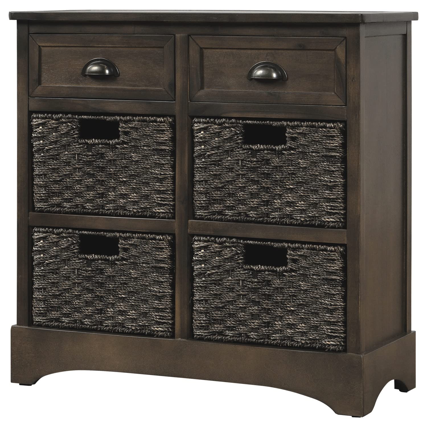 Rustic Wood Storage Cabinet with 2 Drawers & 4 Woven Rattan Baskets - Farmhouse Style Organizer for Dining Room, Living Room, Bedroom (Brown Gray) | Perfect for Home Decor, Blanket Storage & Entryway Organization