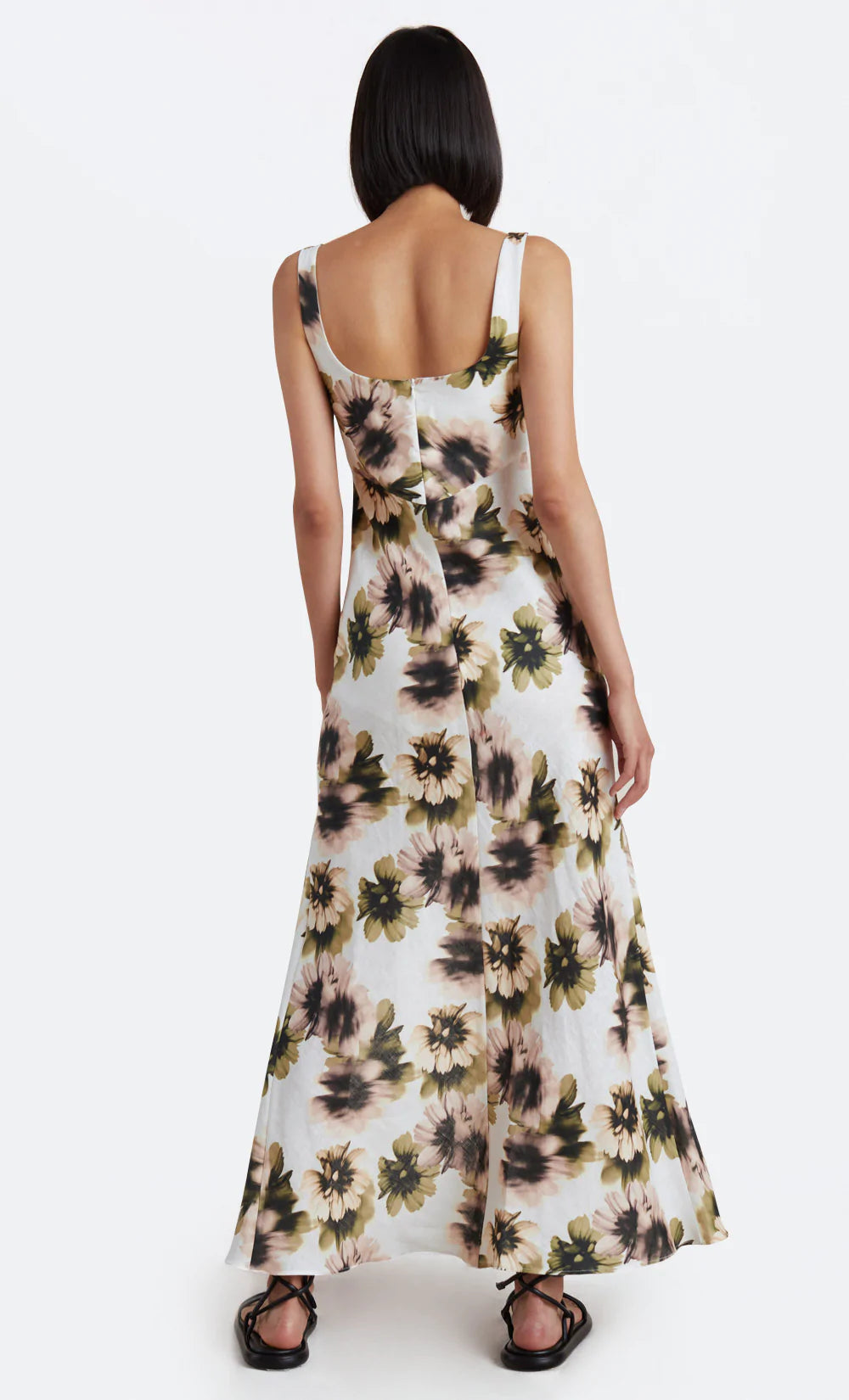 Bloom Linen Maxi Dress for Women - Ivory Floral Print Summer Beach Dress, Boho Chic Flowy Long Dress for Vacation, Wedding Guest, Party & Casual Wear
