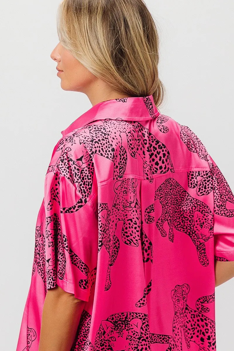 BiBi Leopard Print Short Sleeve Silky Satin Shirt Top for Women - Fashion Blouse for Casual Wear, Night Out & Office Outfits