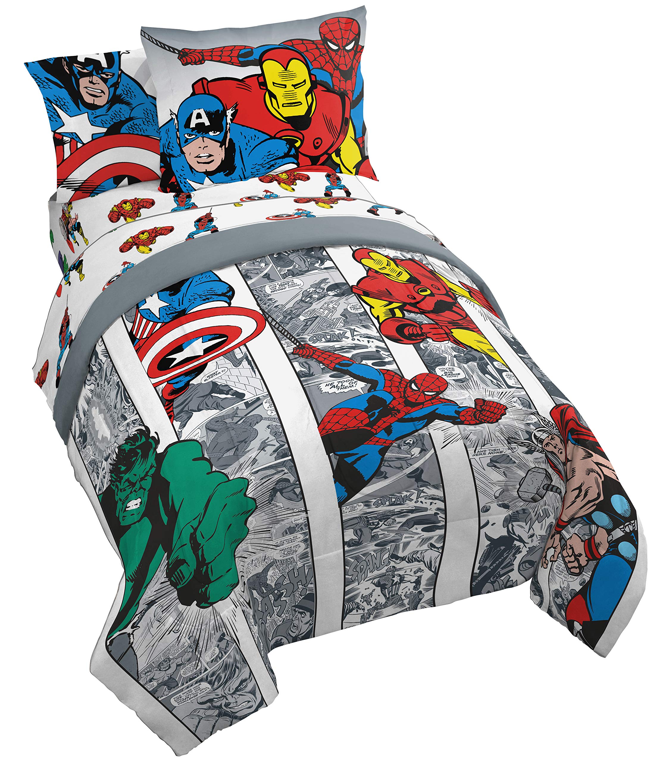 Marvel Avengers Comic 5-Piece Twin Bedding Set - Super Soft Comforter & Sheet Set with Captain America, Spiderman, Iron Man, Hulk & Thor - Perfect for Kids' Bedrooms, Dorm Rooms & Superhero Themed Decor