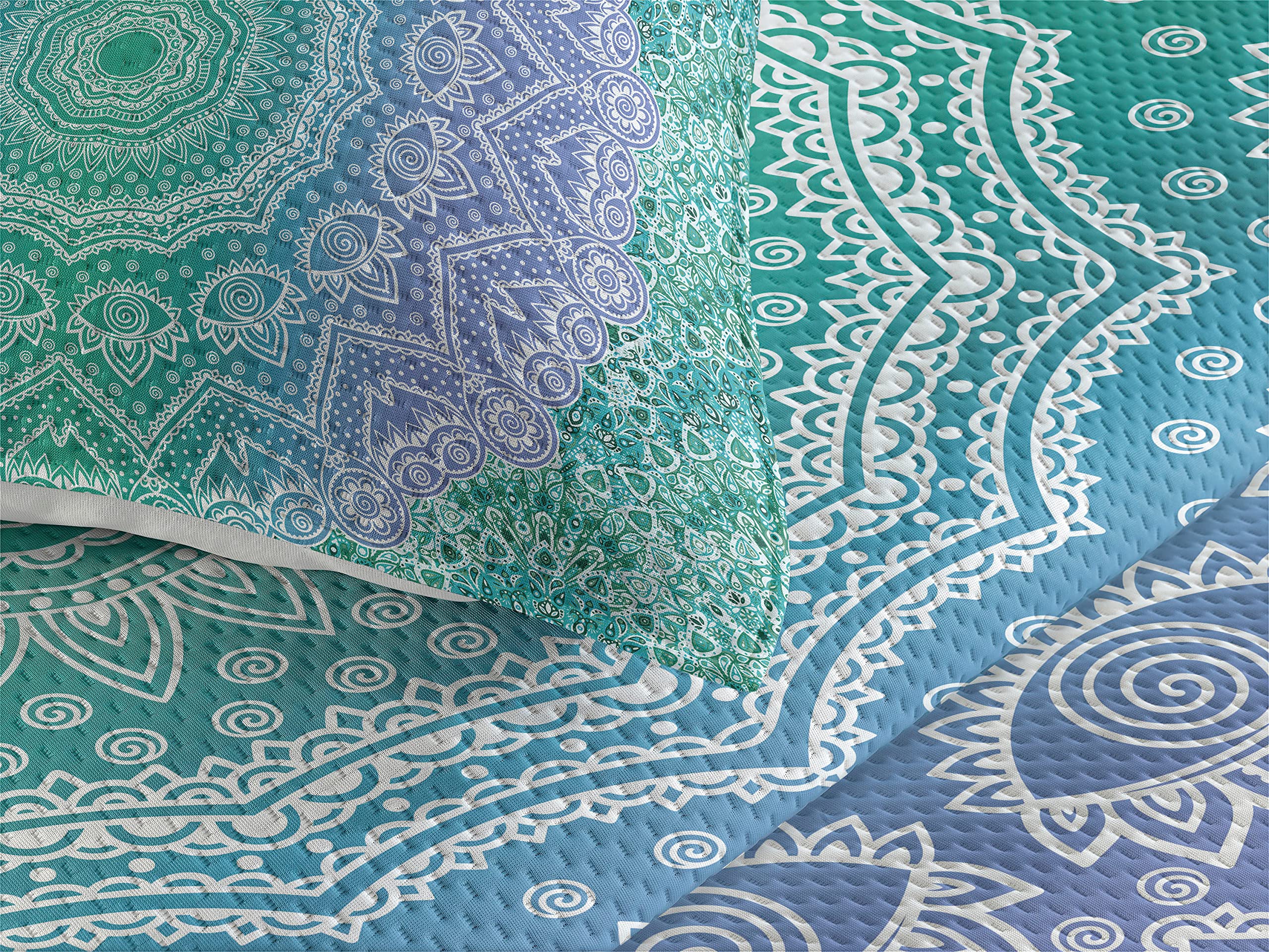 Ambesonne Ethnic King Size 3-Piece Bedspread Set with 2 Pillow Shams - Traditional Mystical Oriental Mandala Yantra Geometric Pattern in Purple & Green - Perfect for Bohemian Bedroom Decor, Guest Room, or Meditation Space