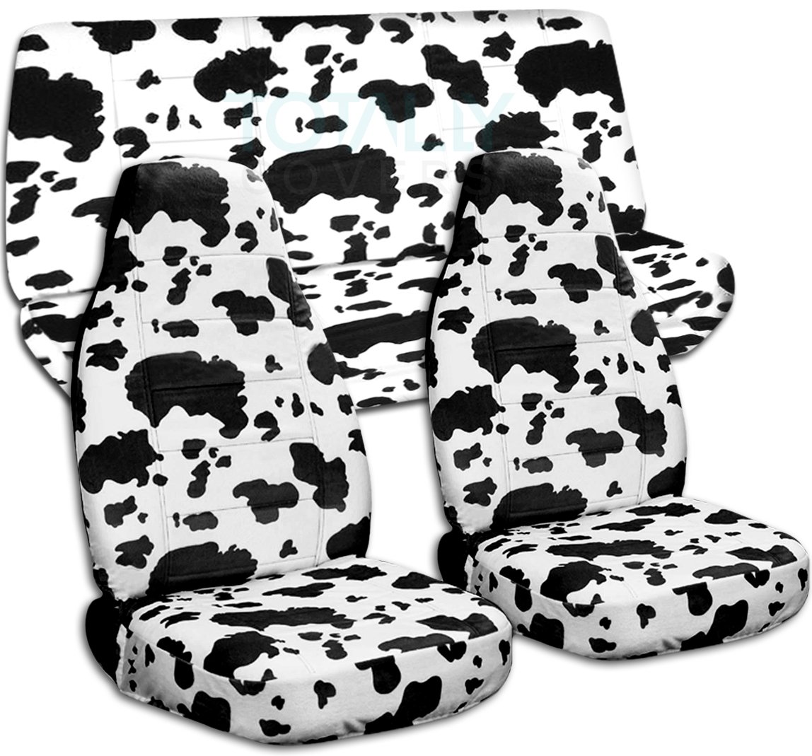 Universal Animal Print Car Seat Covers - Cow Pattern Full Set for Front Buckets & Rear Bench | Airbag/Seat Belt/Armrest Compatible | Durable Protection for Cars, Trucks & SUVs | Perfect for Road Trips & Pet Owners