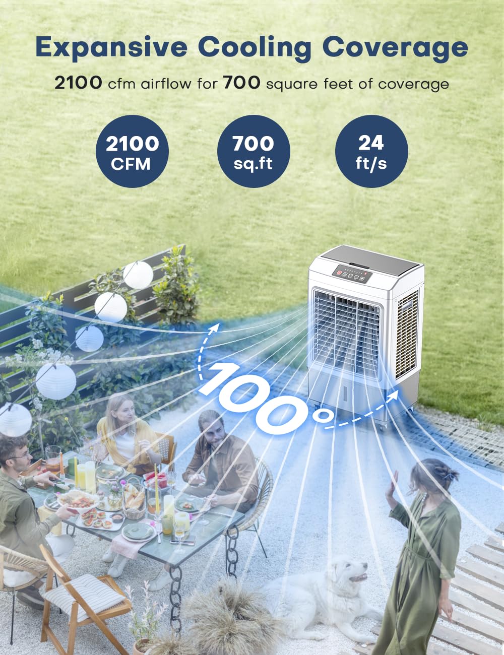 BALKO 35-Inch Windowless Air Conditioner - 2100CFM Evaporative Swamp Cooler with 2 Modes, 3 Speeds, Smart Timer, 8Gal Tank & Remote - Cools Up to 700 Sq.Ft - Perfect for Bedrooms, Living Rooms, Offices, and Outdoor Spaces
