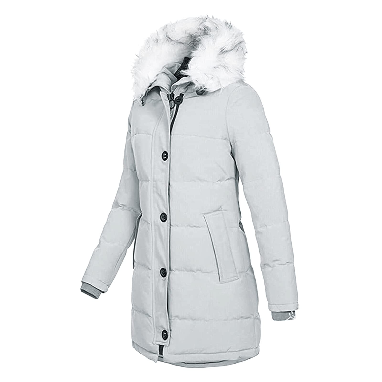 Women's Fashion Faux Fur Hooded Winter Coat with Drawstring - Fleece Lined Warm Padded Jacket with Slim Fit Zipper for Casual Outwear & Cold Weather Protection