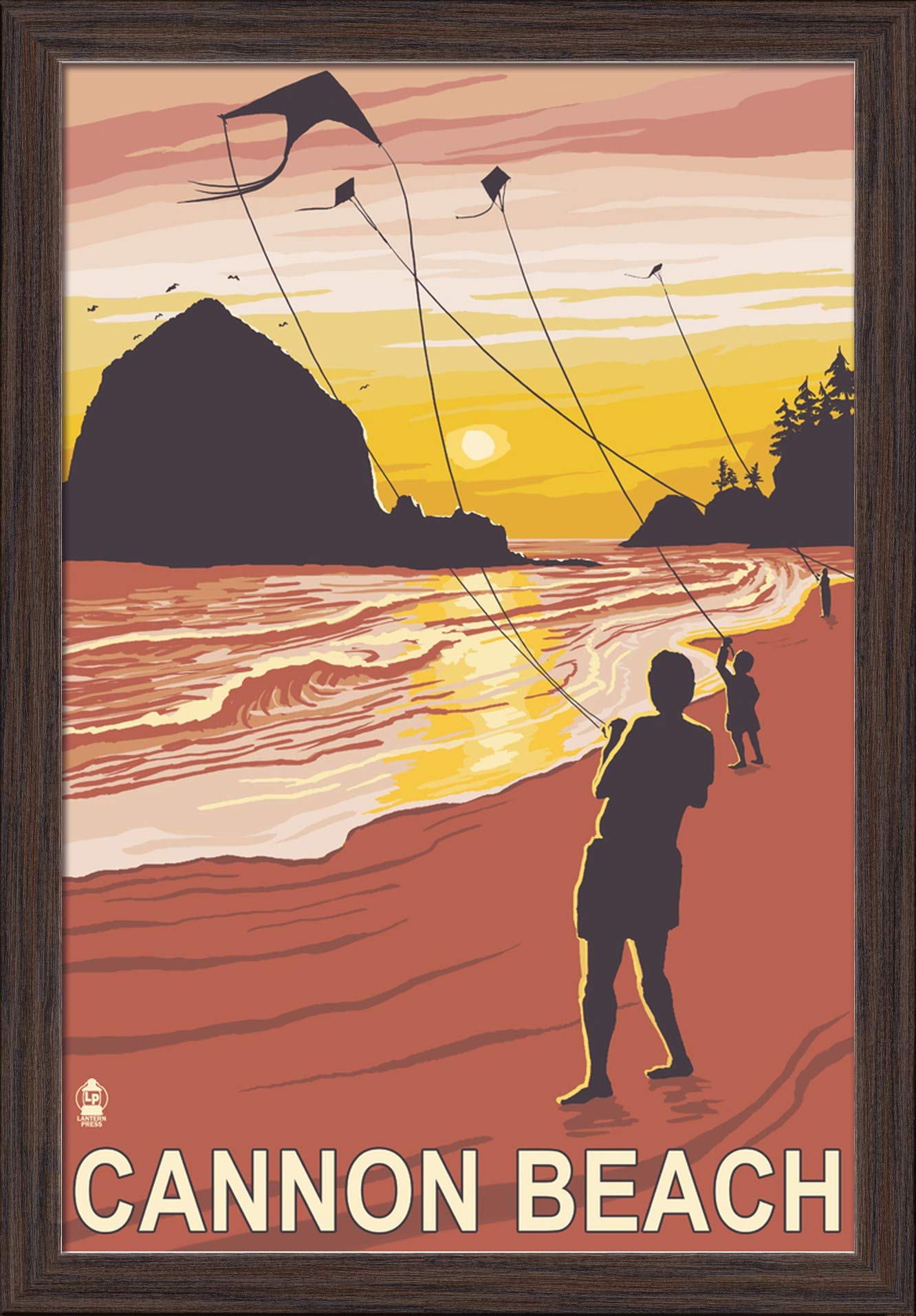 16x24 Giclee Fine Art Print - Beach and Kites at Cannon Beach Oregon - Recycled Wood Frame in Espresso Brown - Coastal Wall Decor for Living Room, Bedroom & Office