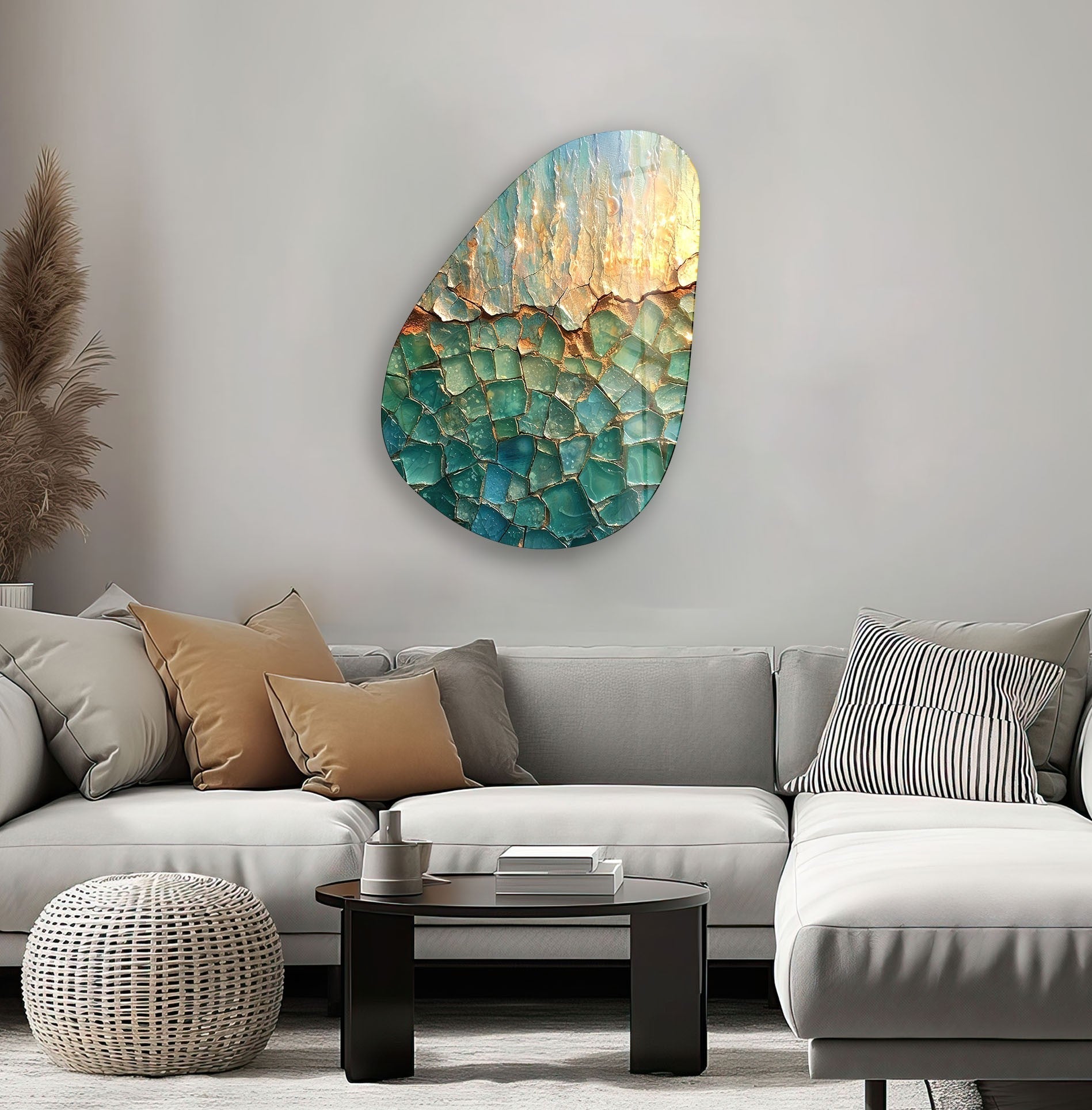 Asymmetrical Oval Green Cracked Glass Wall Art - Modern Abstract Home Decor for Living Room, Bedroom & Office - Handmade Glass Wall Sculpture for Unique Interior Design
