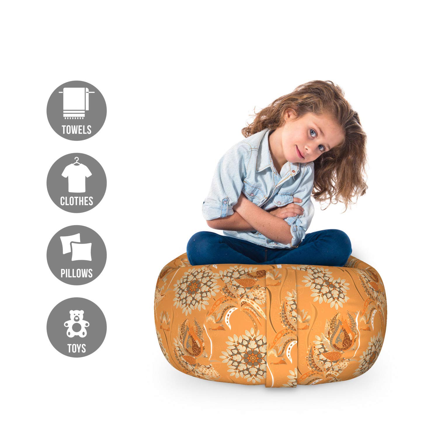 Ambesonne Tan and Brown Storage Toy Bag Chair - Ornamental Ottoman with Tulip Floral Pattern, Washable Stuffed Animal Organizer for Kids' Room (Small Size, Orange/Tan/Brown) | Perfect for Nursery, Playroom & Bedroom Storage