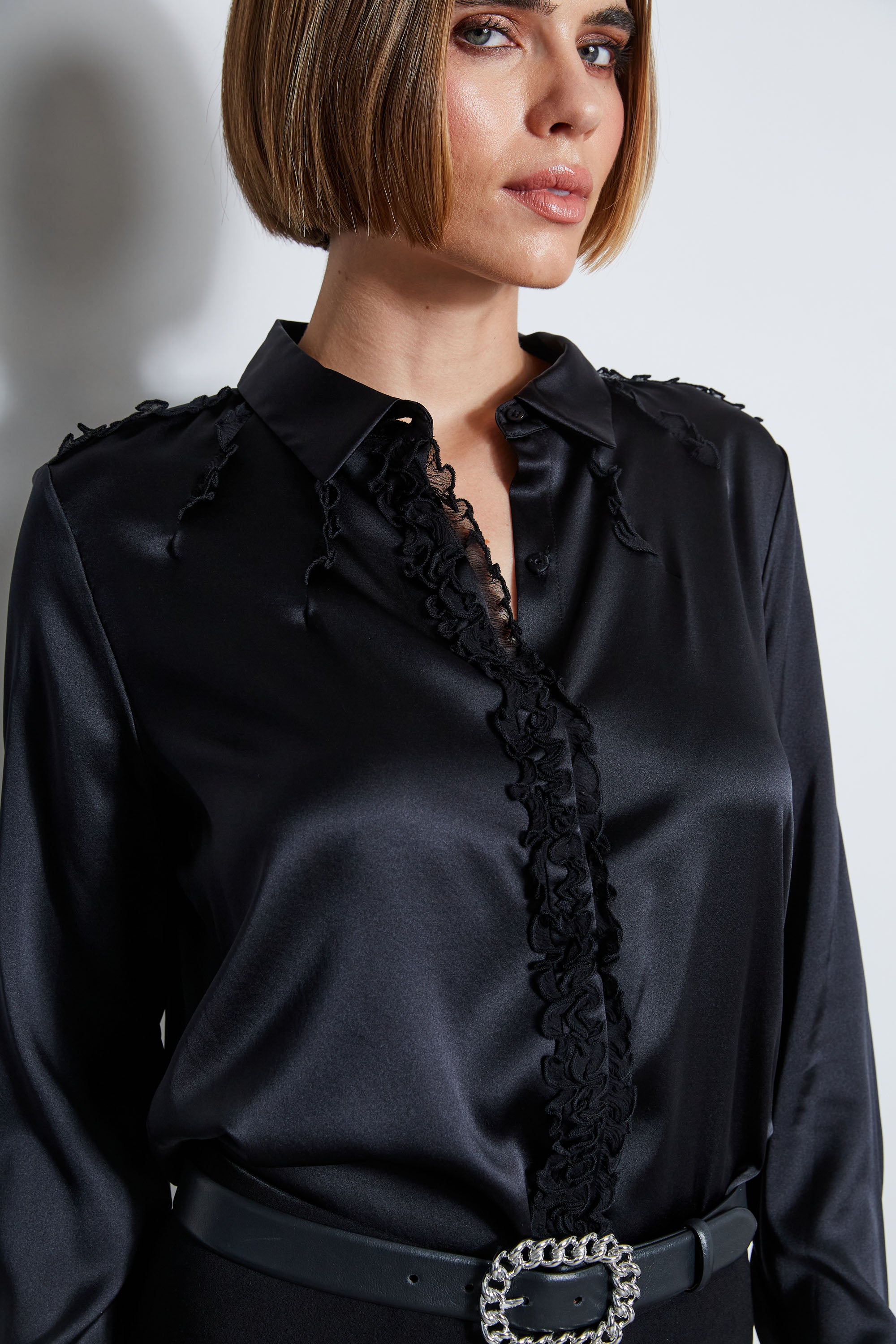 Elegant Chiffon Ruffle Silk Satin Blouse for Women - Office Wear & Evening Party Outfit