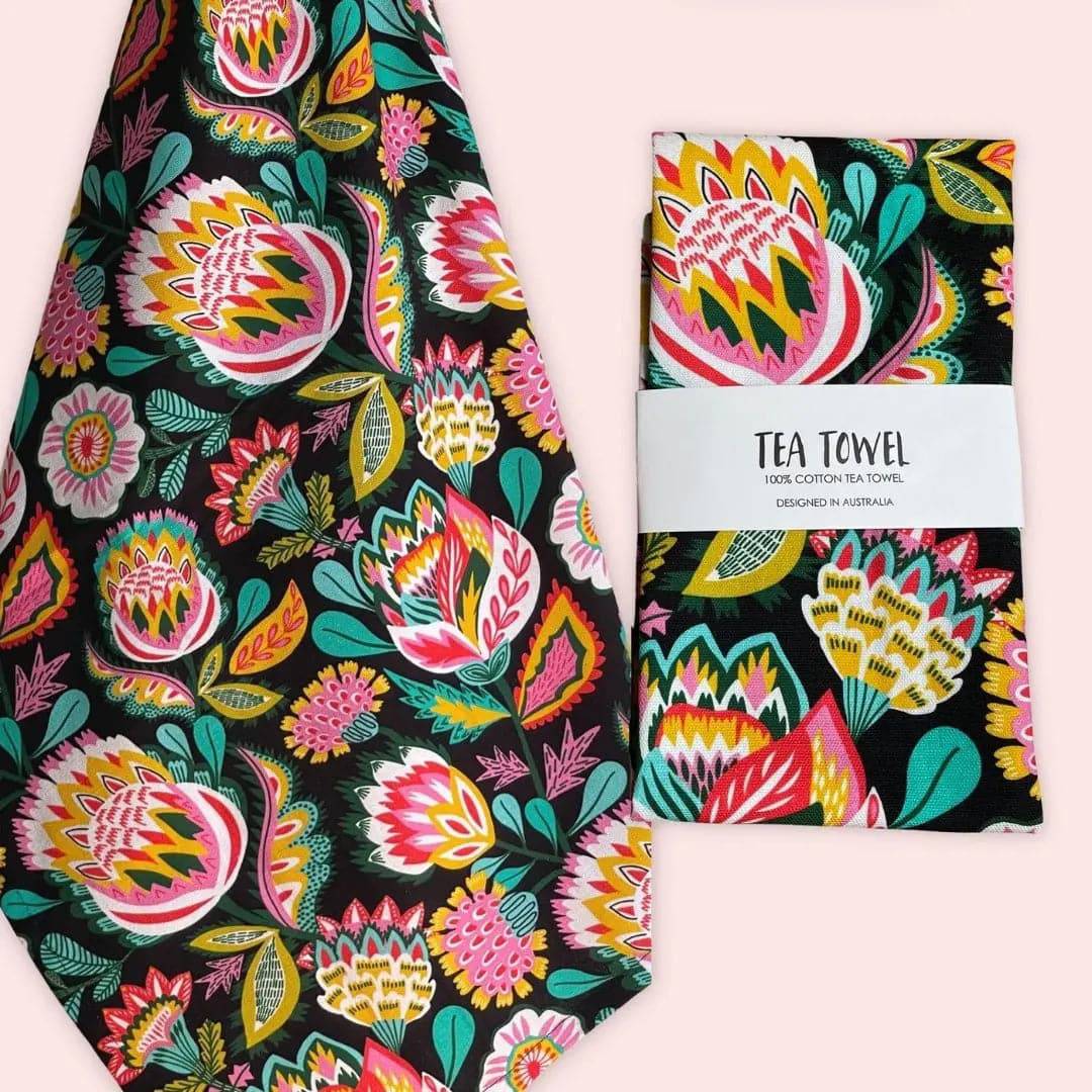 Handmade Folk Floral Tea Towel & Australian Wooden Coaster Set - Perfect for Kitchen Decor, Housewarming Gifts & Tea Party Essentials