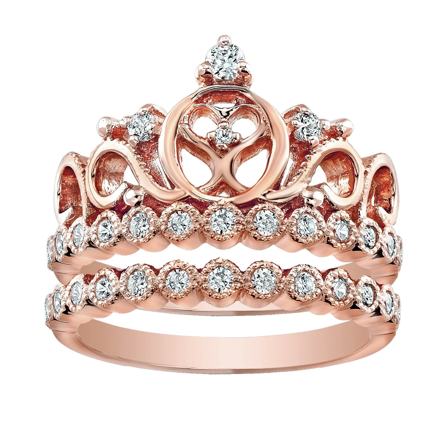 Sterling Silver Heart Crown Ring and Band Set - Rose Gold Plated Elegant Jewelry for Women, Perfect for Valentine's Day, Anniversary, Wedding & Romantic Gifts