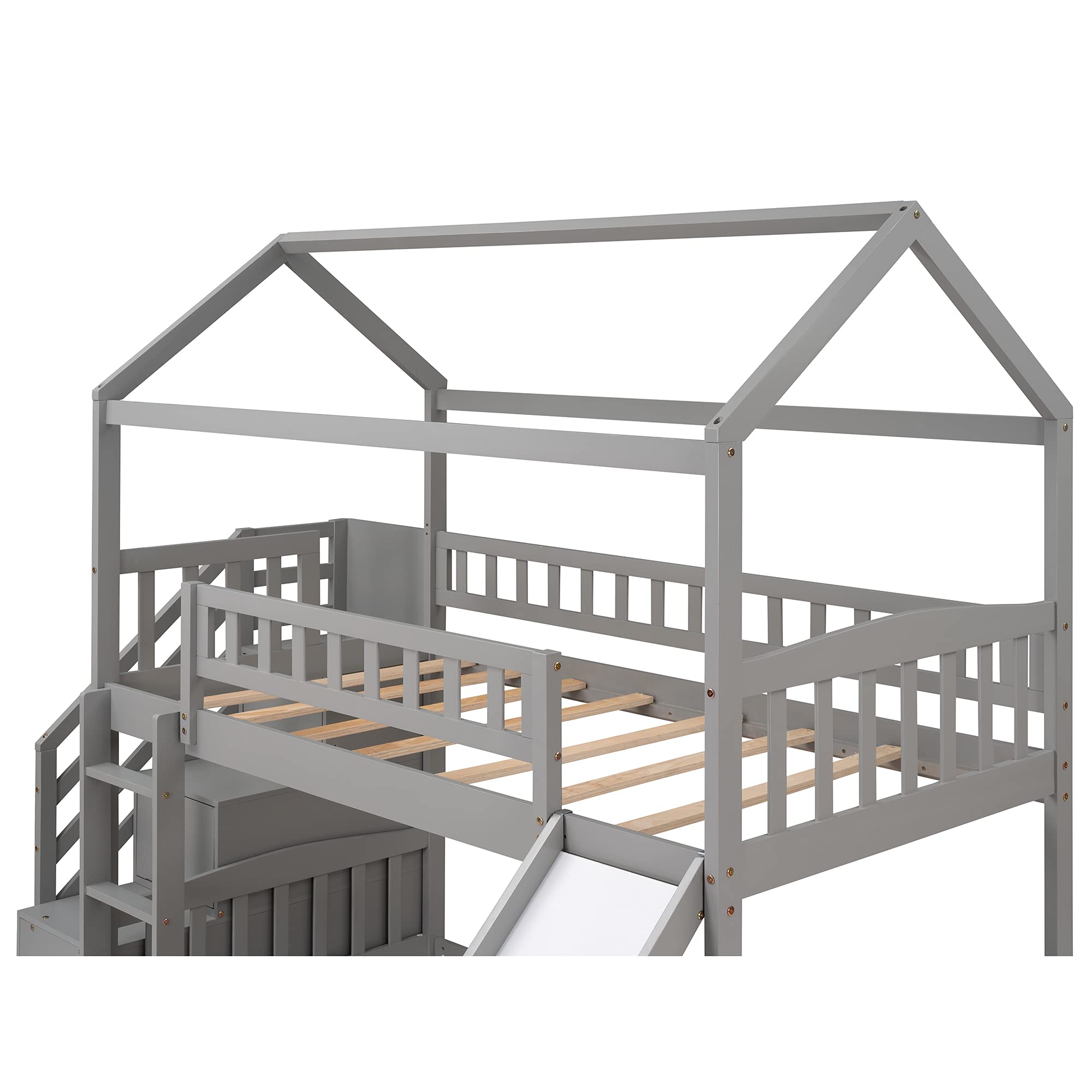 Quarte Twin Over Twin Bunk Bed for Kids & Teens - Solid Wood House Bed Frame with Storage Steps & Slide - Space-Saving Kids Bedroom Furniture (Gray + Pine) - Perfect for Small Rooms, Shared Kids Bedrooms & Vacation Homes