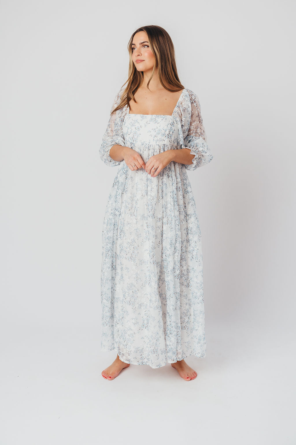 Blue & White Smocked Mona Maxi Dress - Bump Friendly Maternity Dress with Inclusive Sizing (S-3XL) for Beach Vacations, Summer Weddings & Casual Outings