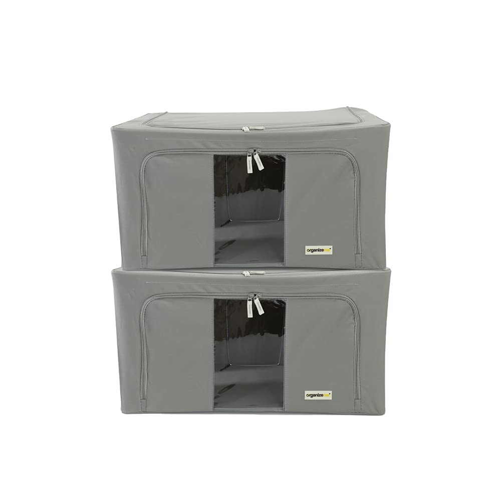 Foldable Clothes Storage Organizer - Large Capacity Collapsible Closet Box with Strong Handles & Sturdy Zippers - Premium Fabric for Blankets, Seasonal Clothes & Bedding - Under Bed Storage Solution (2-Pack, Grey) - Perfect for Small Spaces, Dorm Rooms & Home Organization