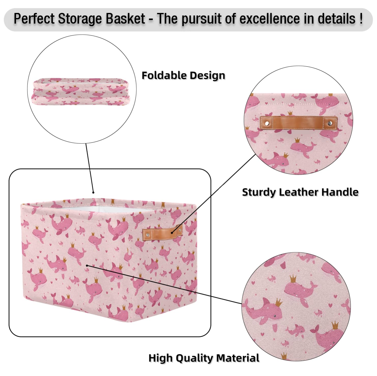 **Pink Cartoon Whale Large Fabric Storage Bins with Handles - 2 Pack Collapsible Organizer Baskets for Shelves, Closet, Toys & Clothes - Perfect for Home, Nursery, and Kids' Room Organization**