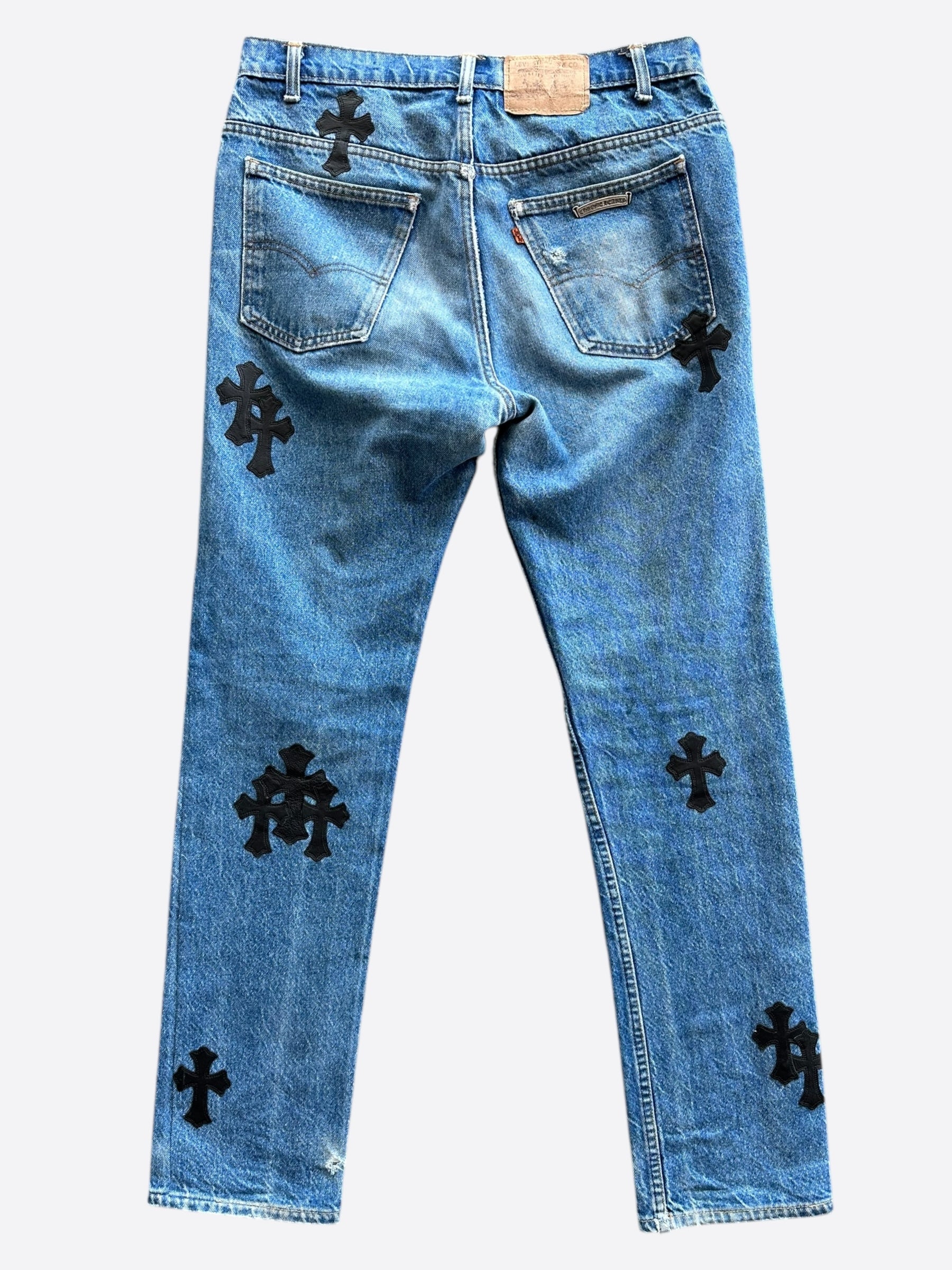 Chrome Hearts x Levi's Blue & Black Cross Patch Denim Jeans for Men - Stylish Vintage Streetwear for Casual Outfits and Night Out