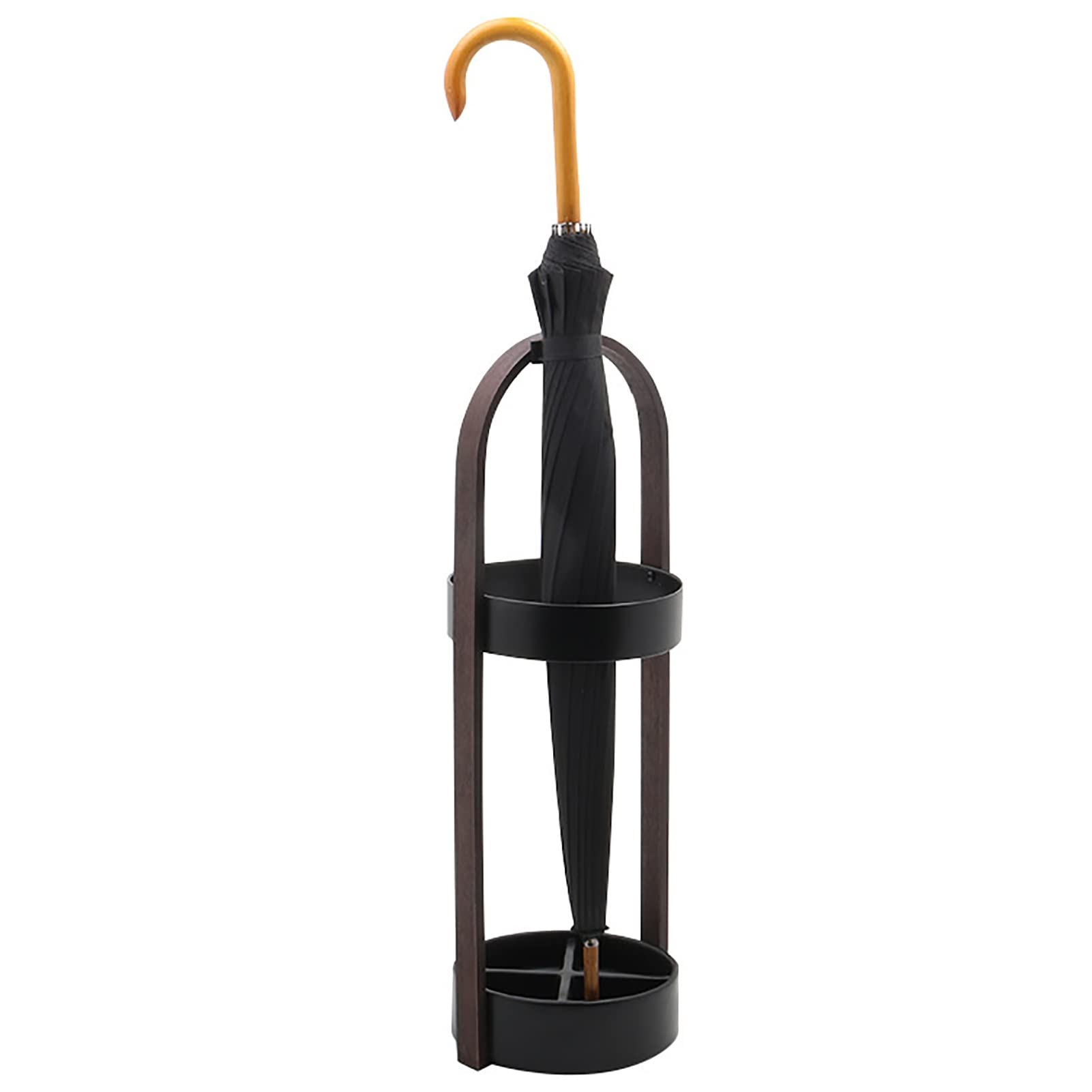 European Round Umbrella Stand with Metal Base & Wooden Handle - 2 Hooks for Entryway, Hallway, Hotel - Brown Umbrella Holder Organizer for Home, Office, Restaurant & Outdoor Use