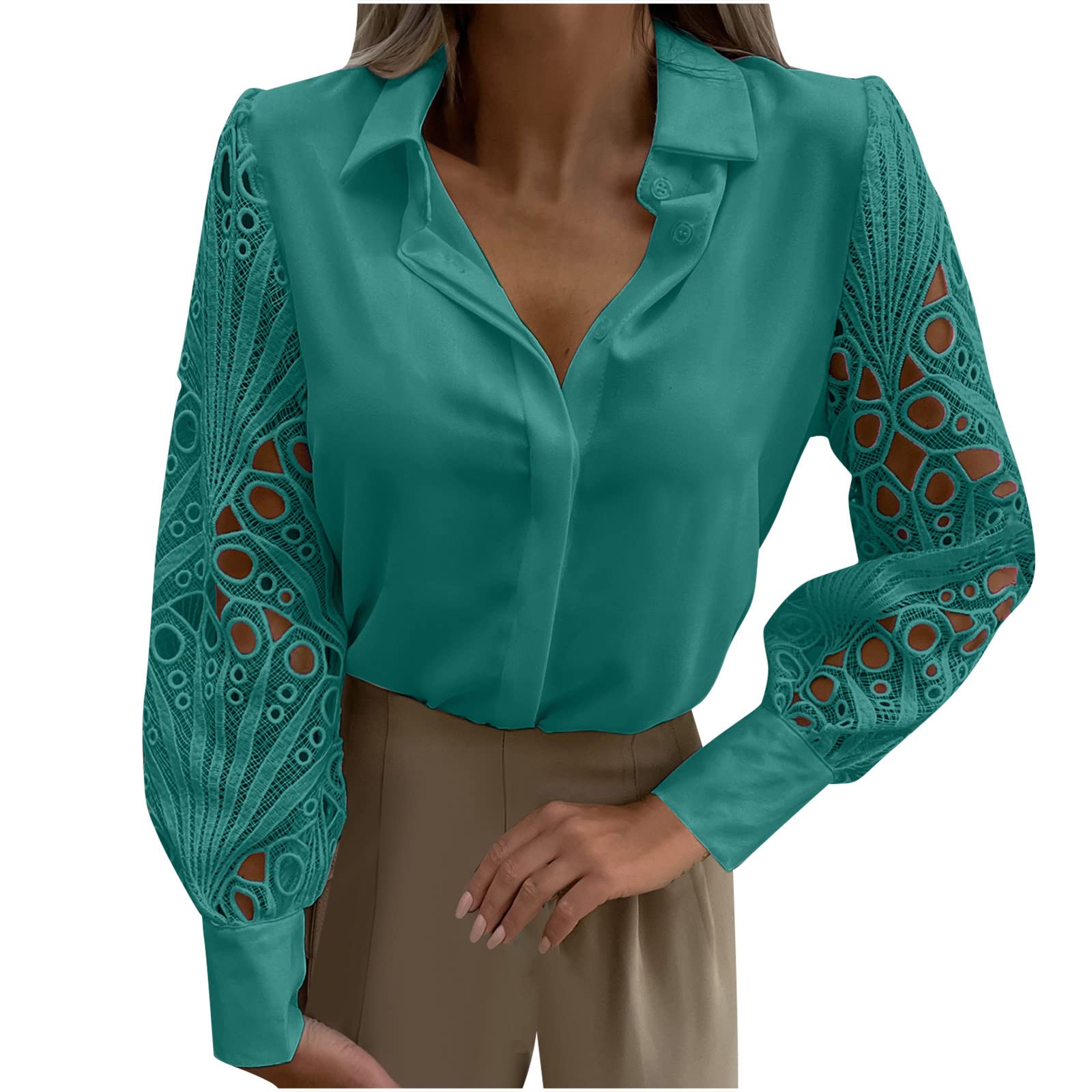 Women's Summer Casual Long Sleeve Blouse with Hollow Out Buttons - Breathable Solid Color Tops for Work, Dating & Outdoor Activities
