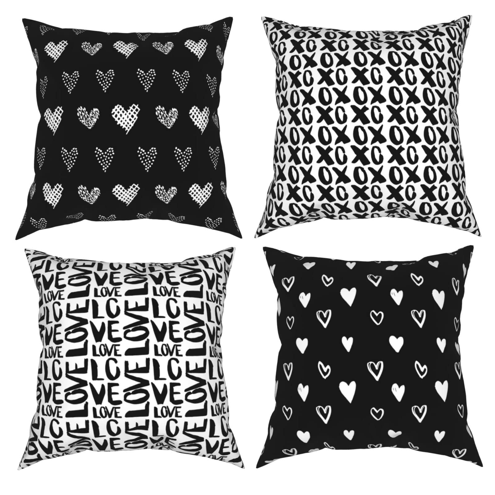 Valentine's Day Heart Print Black and White Love Throw Pillow Covers - Decorative Cushion Cases for Sofa, Bed, Chair - Romantic Home Decor for Bedroom, Living Room, Car & Valentine's Gifts
