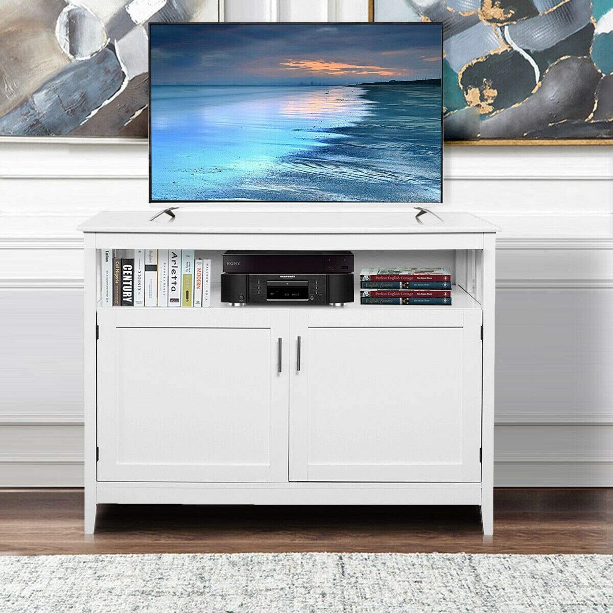White Kitchen Storage Sideboard Buffet Cabinet with Adjustable Open Shelves - Space Saving Furniture for Kitchen, Dining Room & Living Room Organization | Perfect for Small Apartments & Home Decor