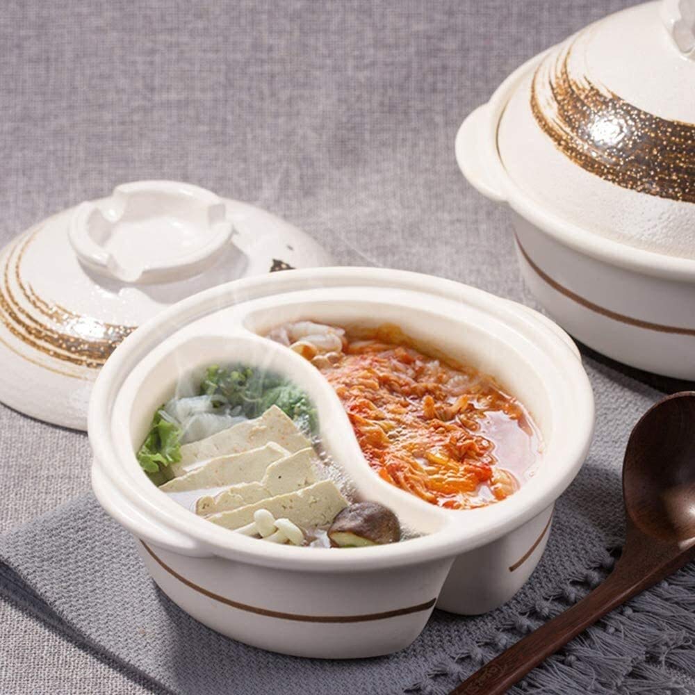 Ceramic Non-Stick Casserole Pan - Dual Sided Yin Yang Hot Pot with Divider for Double-Flavor Cooking | Japanese Clay Hot Pot | Heat-Resistant Ceramic Cookware for Soups, Stews & Shabu-Shabu | Perfect for Family Dinners & Asian Cuisine
