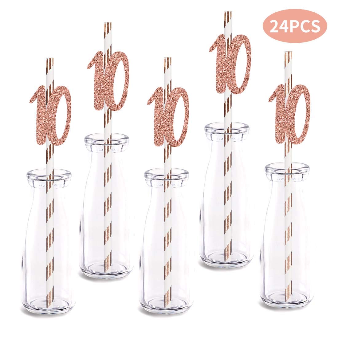 Rose Gold Glitter 10th Birthday Party Straws - 24pcs Cut-Out Number 10 Drinking Straw Decorations for Anniversary Celebrations, Girls' Birthday Parties & Special Events