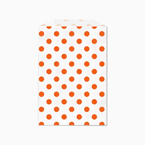 Orange Polka Dot White Paper Bags 5x7.5 Inches - Set of 25 Small Flat Gift Bags for Party Favors, Wedding Decorations & Retail Packaging