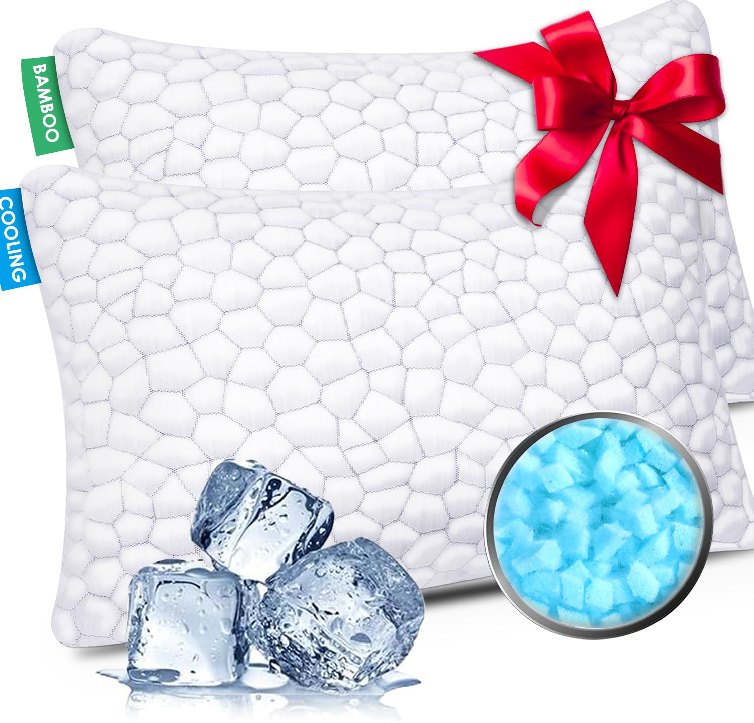 SUPA MODERN Cooling Bed Pillows 2 Pack - Adjustable Shredded Memory Foam Pillows for Side, Back & Stomach Sleepers - Queen Size Gel Pillows with Washable Cover - Perfect for Hot Sleepers & Night Sweat Relief - Ideal for Home, Office & Travel Use