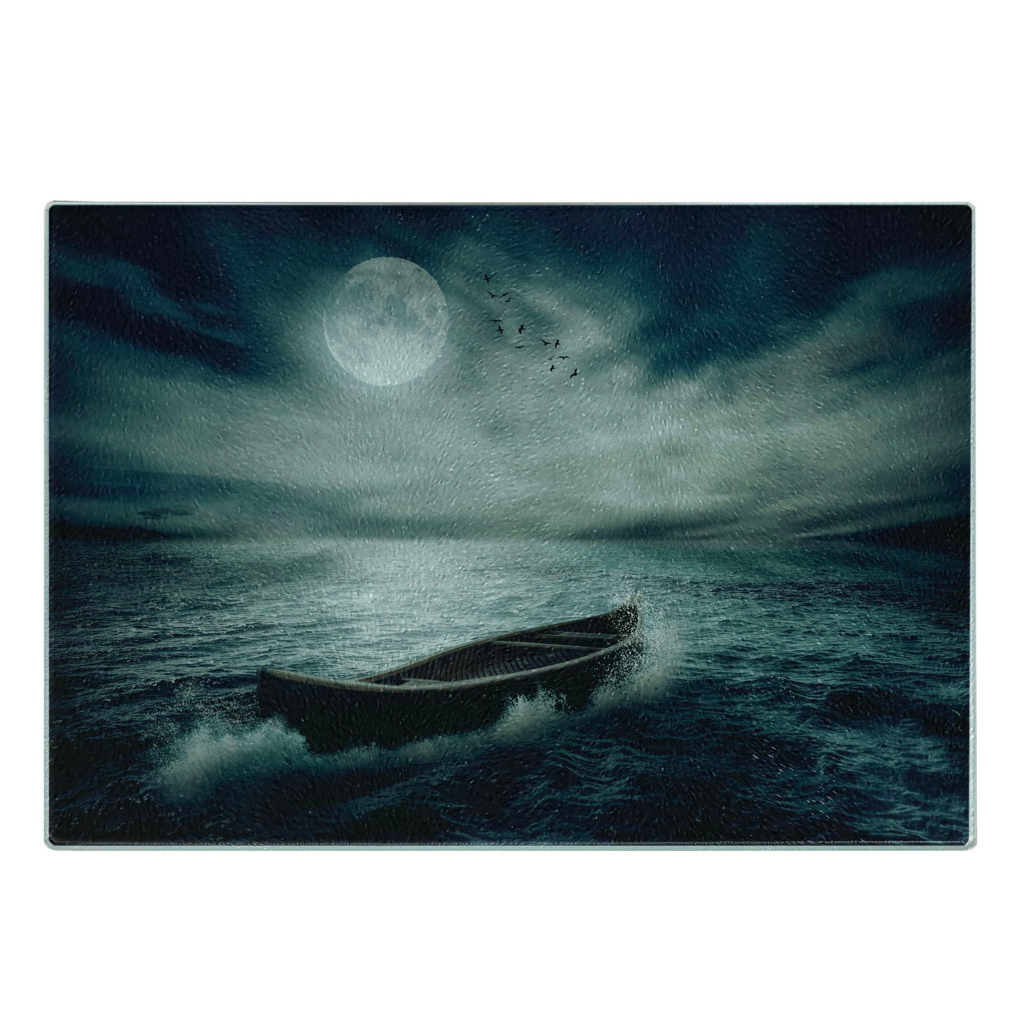 Ambesonne Fishing Themed Tempered Glass Cutting Board - Boat Drifting Under Full Moon Night Sky Design - Decorative Serving Board for Kitchen & Dining - Small Size Dark Blue & White - Perfect for Seafood Prep, Charcuterie & Home Decor
