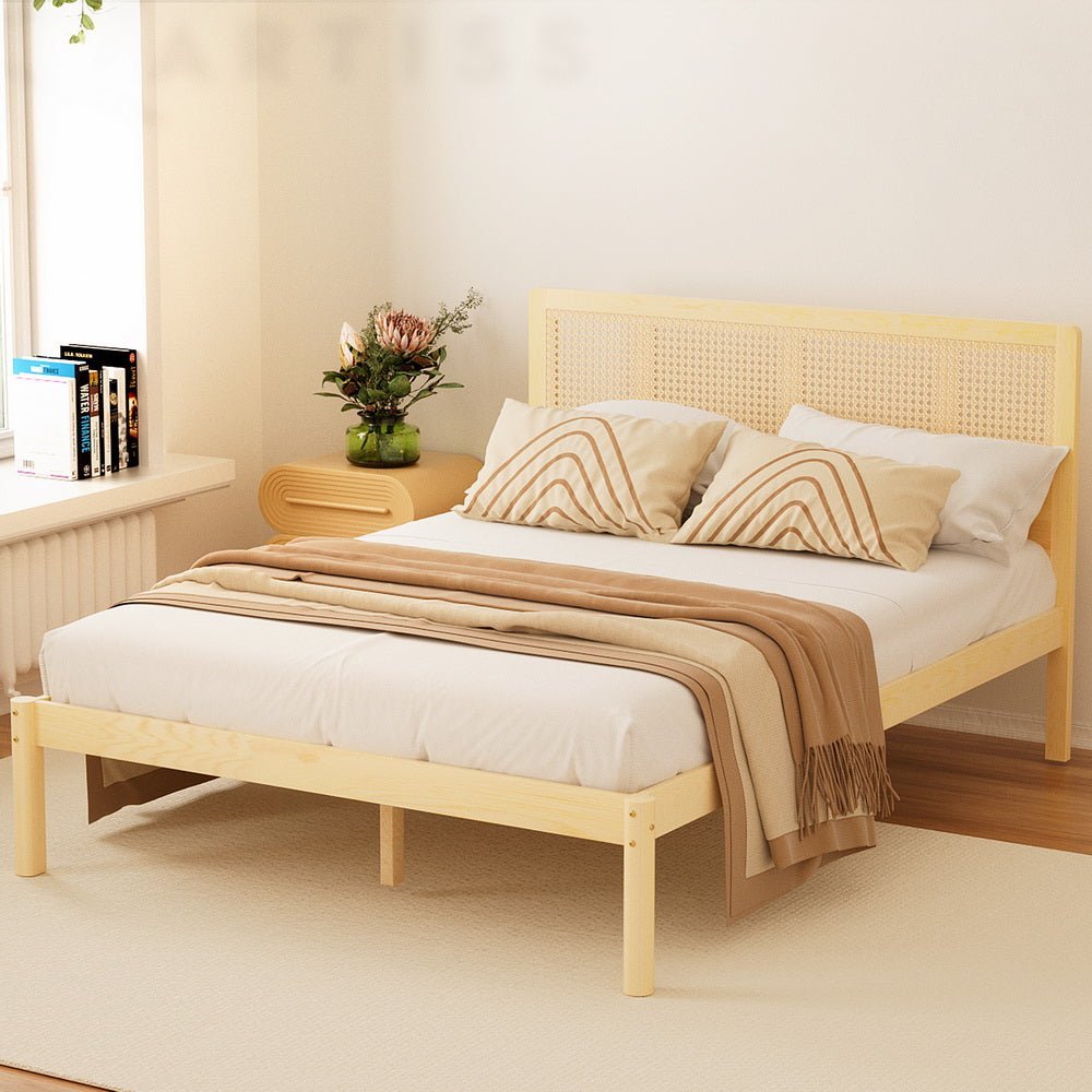 Rita Rattan Wooden Bed Frame with Pine & Bonita Pillow Top Medium Firm Mattress - Double Package, Perfect for Master Bedroom, Guest Room or Vacation Home