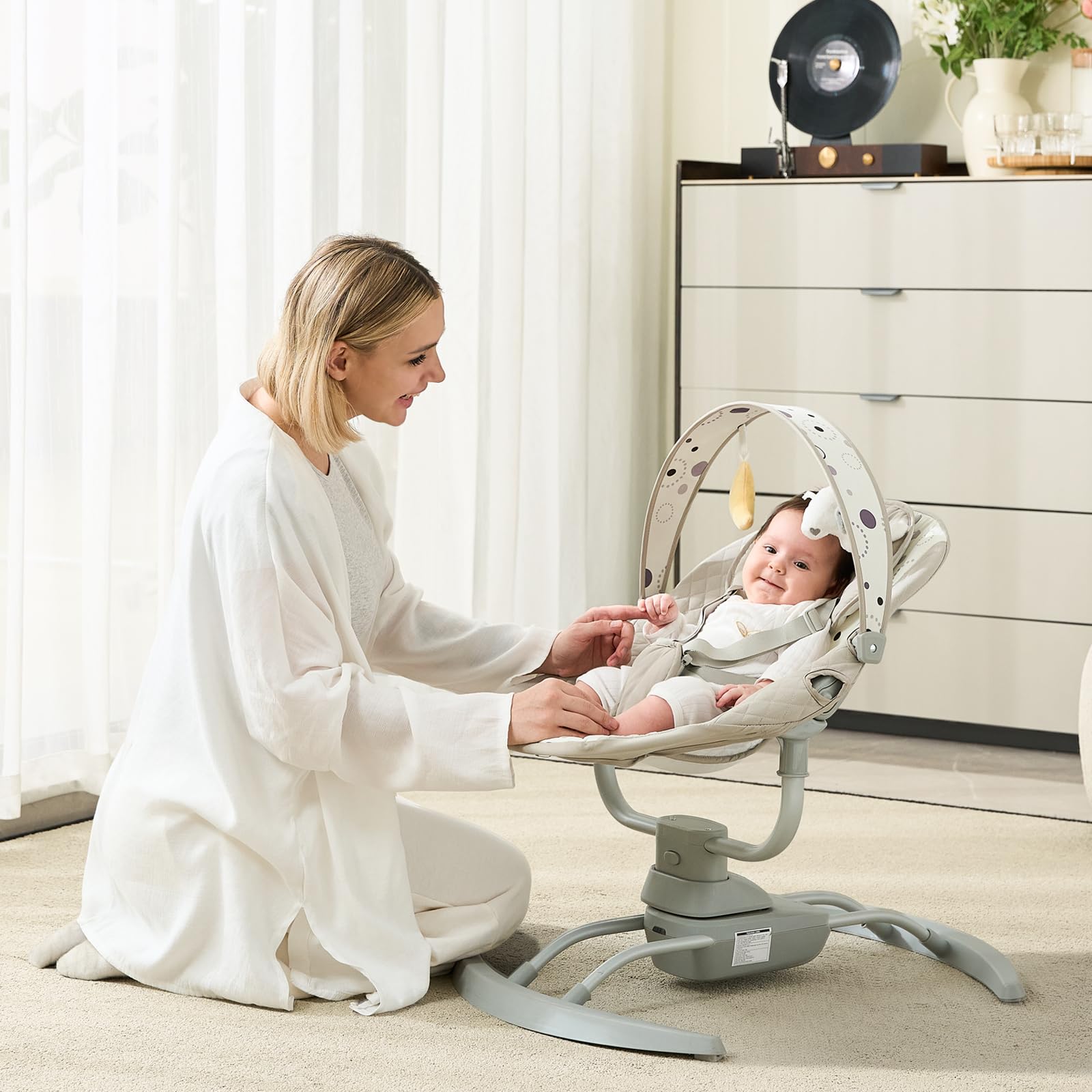 Electric Baby Swing for Newborns 5-20 lbs - Portable Infant Swing with 3 Speed Settings, 8 Soothing Music Tones, Adjustable Recline - AC/Battery Powered for Indoor & Outdoor Use - Perfect for Nursery, Travel, and Playtime