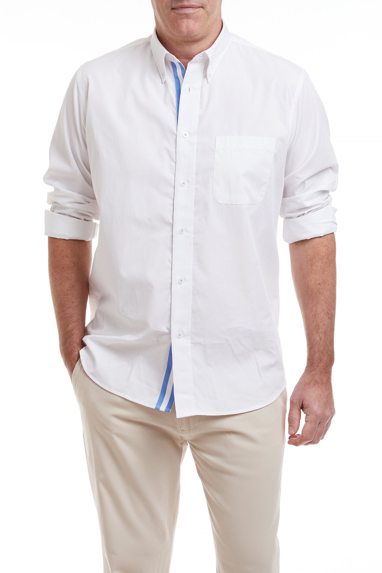 Chase Shirt in White with Light Blue and White Grosgrain Trim - Perfect for Casual Wear, Office Outfits and Summer Fashion