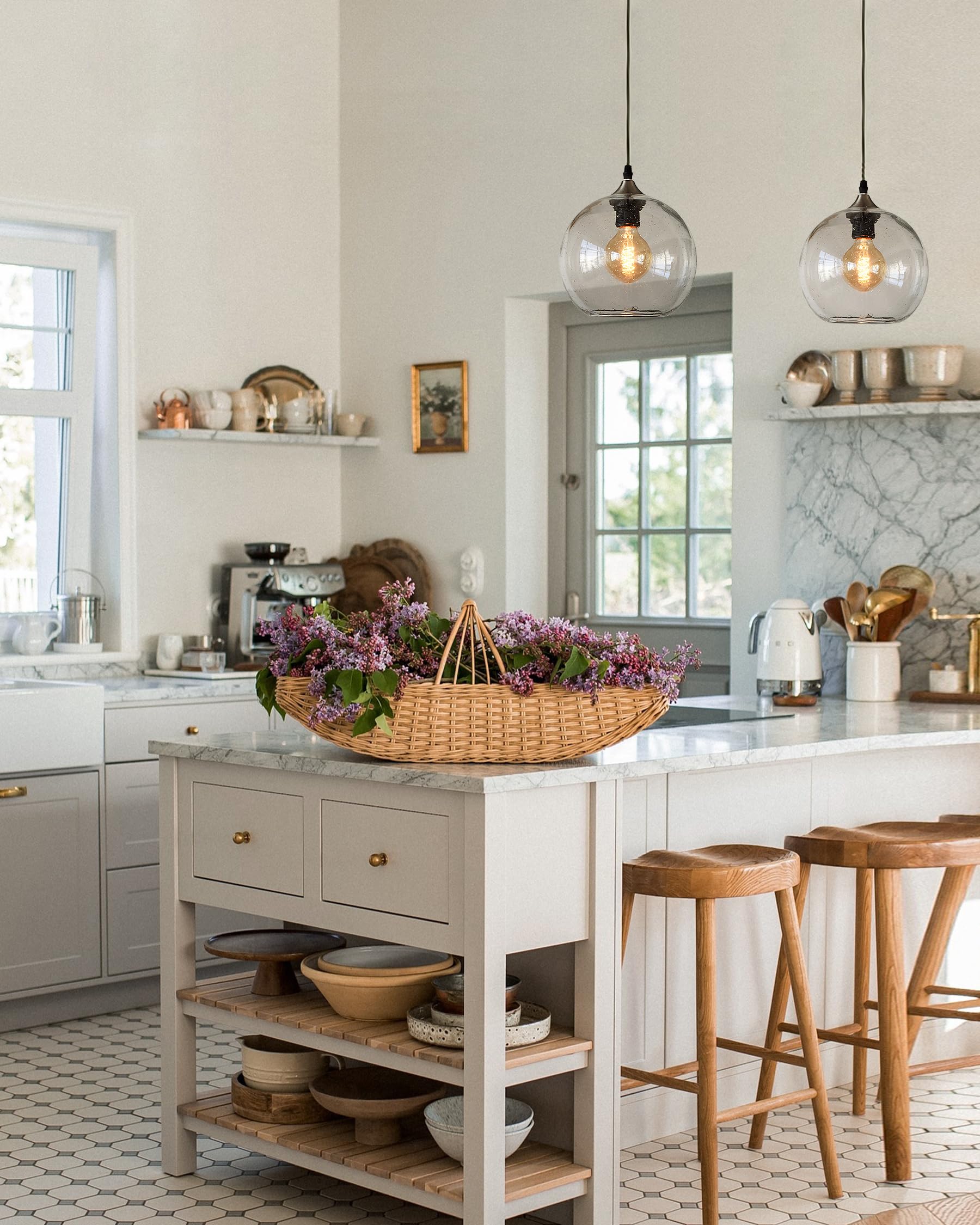 ARIAMOTION 2-Pack Modern Rustic Pendant Lights with Clear Seeded Glass - 8.7 Inch Diameter Hanging Fixtures for Kitchen Island, Dining Room, Bedroom & Bedside Lighting | Perfect for Farmhouse, Industrial & Contemporary Decor