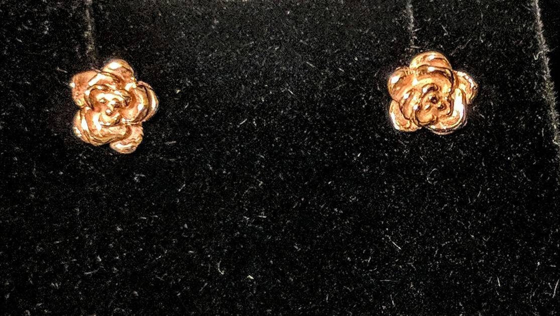 10K Solid Gold Three-Tone Red Rose Stud Earrings – Petite, Small, Tiny Earrings for Women & Kids | Valentine's Gift, Birthday Present, Everyday Wear