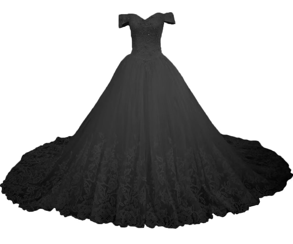 XYAYE Off Shoulder Lace Tulle Wedding Dress for Bride - Puffy Ball Gown with Long Train | Perfect for Church Ceremony, Beach Wedding & Formal Reception