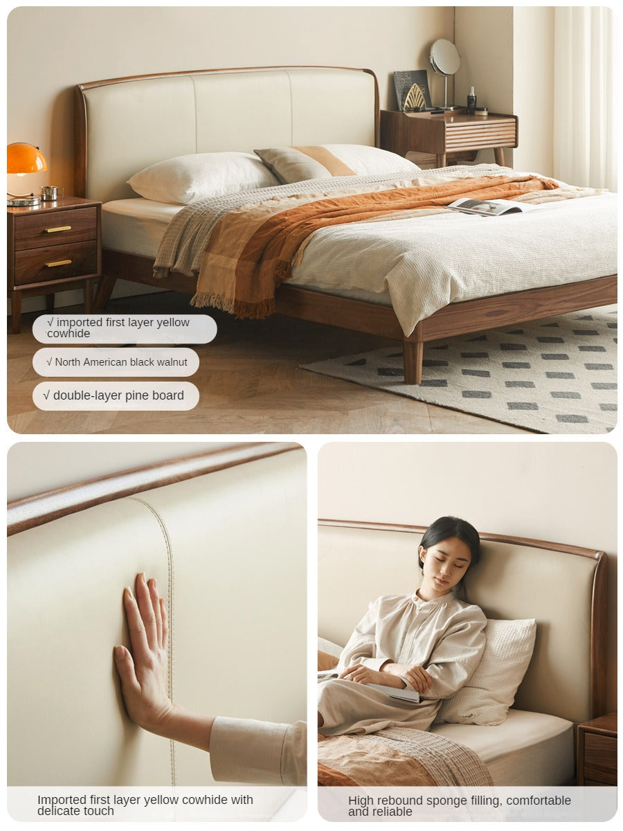 Premium Black Walnut Solid Wood Leather Bed Frame - Luxury Bedroom Furniture Set for Master Bedroom & Guest Room Decor