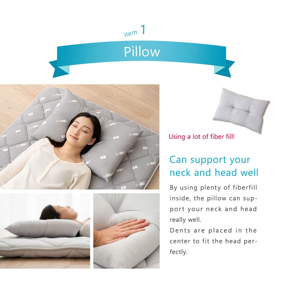 EMOOR Japanese Futon Set - Twin-XL Foldable Tatami Mattress, Comforter & Pillow | Authentic Made in Japan Gray Shikibuton with Logo | Perfect for Small Spaces, Guest Rooms & Minimalist Bedrooms (CLASSE III Certified)