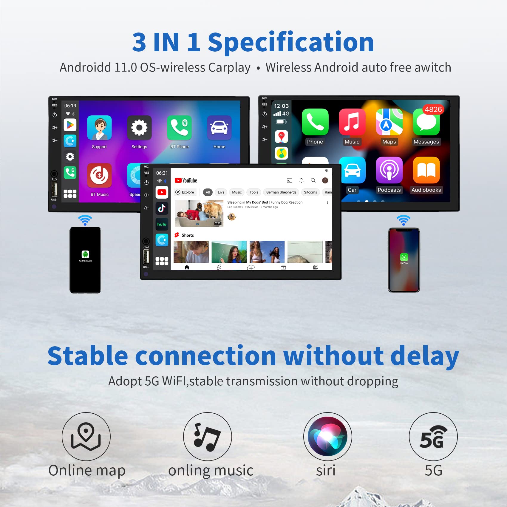 Wireless CarPlay AI Box Adapter for Android 11.0 - QCM2290 Quad-Core 64-bit ARM Cortex-A53 2.0GHz Processor, 2GB RAM + 16GB Storage - Wireless Android Auto & Apple CarPlay - Watch YouTube/Netflix in Car - Perfect for Long Road Trips & Commuting