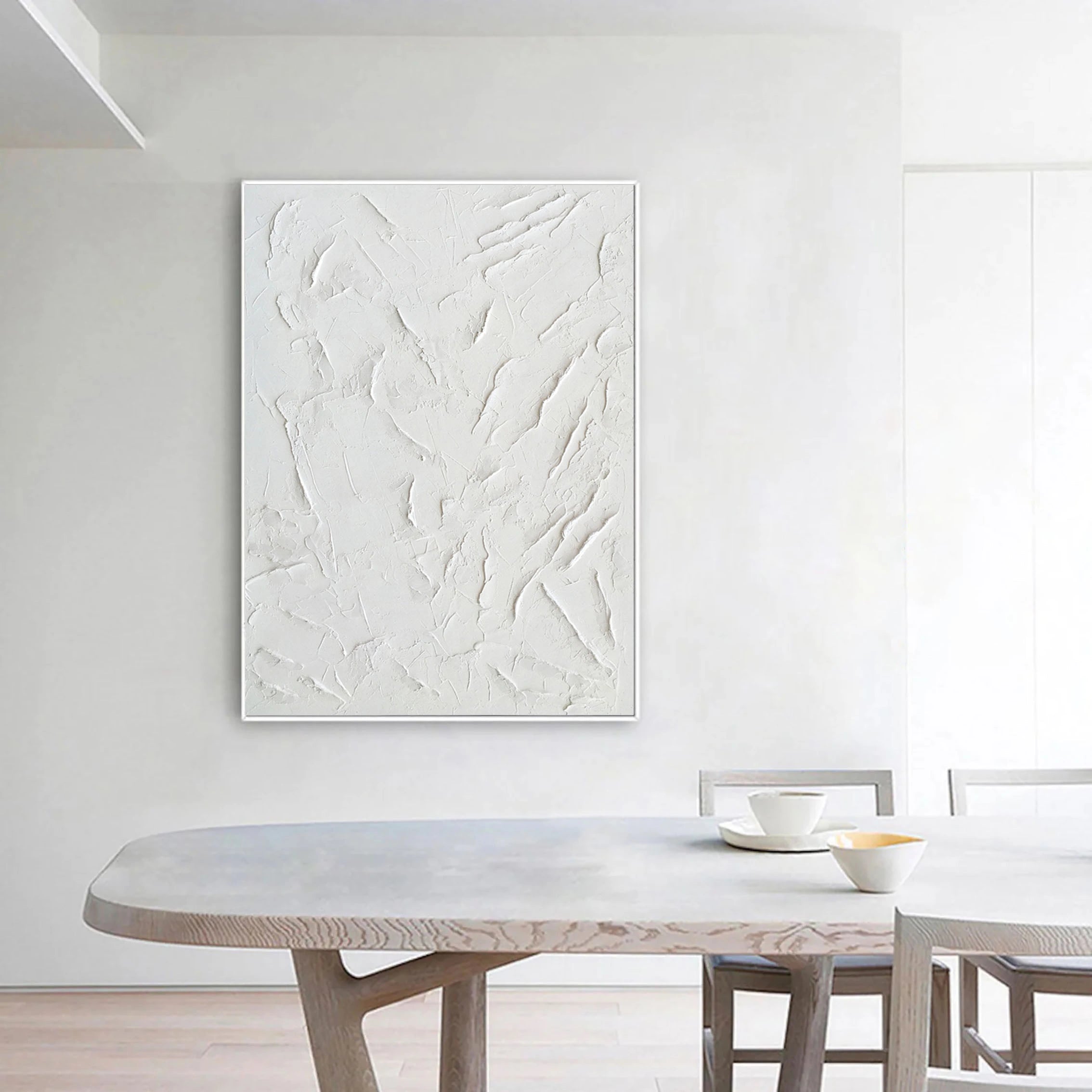 White Minimalist Textured Painting Canvas Wall Art #MM004 - Vertical Modern Abstract Artwork for Living Room, Bedroom & Office Decor