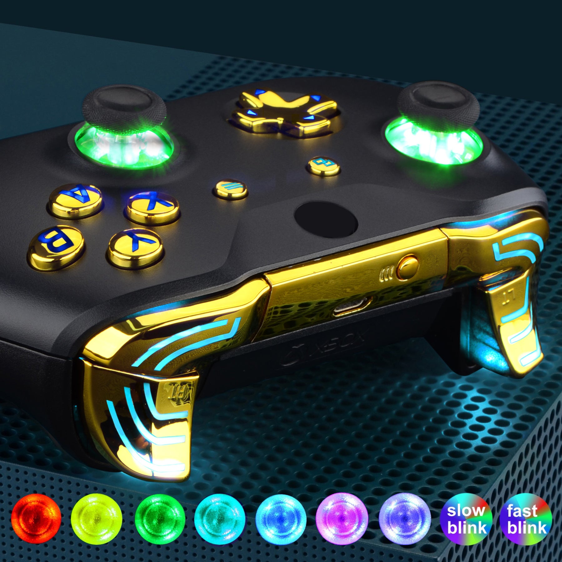 eXtremeRate Chrome Gold LED Button Kit with Multi-Color Illuminated D-Pad, Thumbsticks & ABXY Buttons for Xbox One S/X Controller - Classic Symbols, DTF 2.0 Technology (Controller Not Included) - Perfect for Gaming, Streaming & Custom Controller Builds