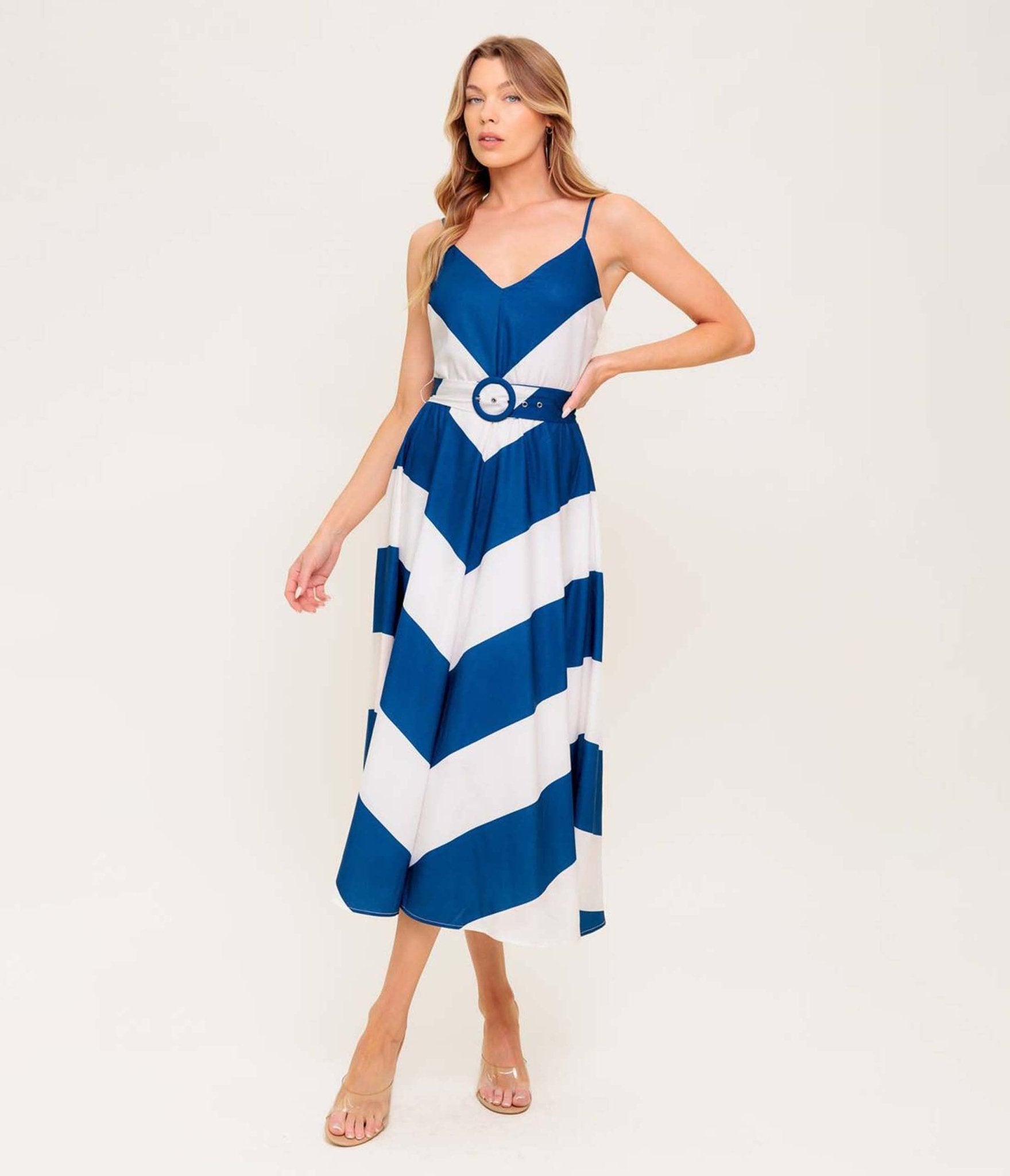 Navy & White Chevron Radiant Heart Woven Midi Dress - Elegant Floral Print Summer Dress for Women, Perfect for Beach Vacation, Date Night & Casual Outings