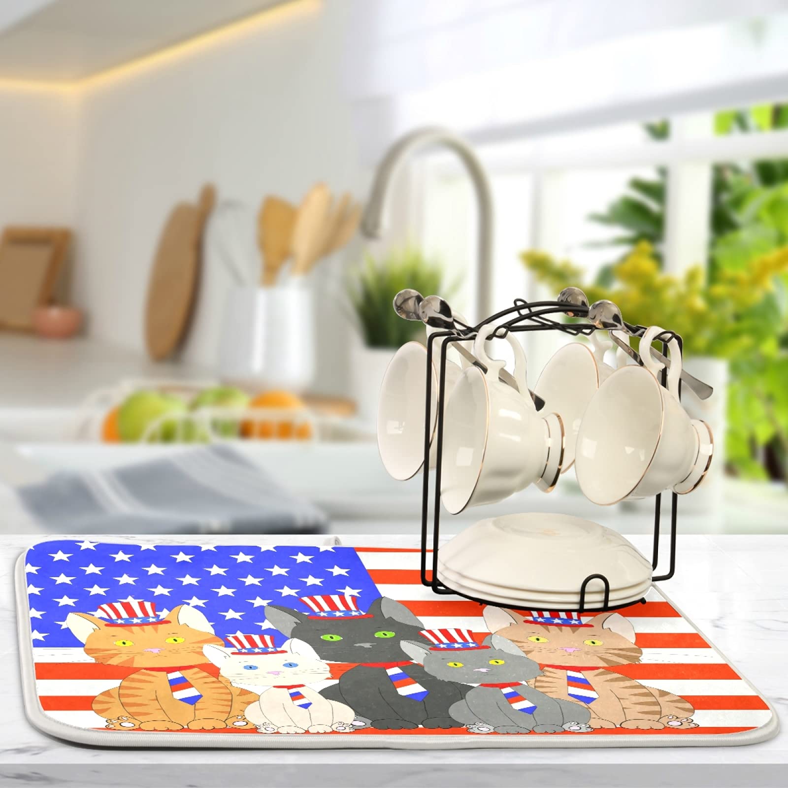 Susiyo Patriotic Flag Kittens Cats Dish Drying Mat - 18x24 Inch Absorbent Kitchen Countertop Drainer Pad for Dishes, Cups, and Utensils