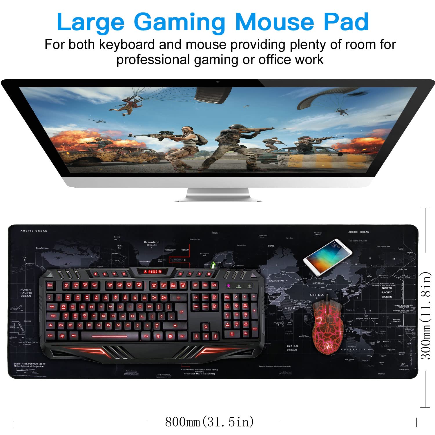 Hosimoln Large Gaming Mouse Pad 80x30cm, 2mm Thick Non-Slip Waterproof Mousepad with Stitched Edges - Perfect for PC Gaming, Office Work & Home Use - Durable Textured Surface for Smooth Mouse Control