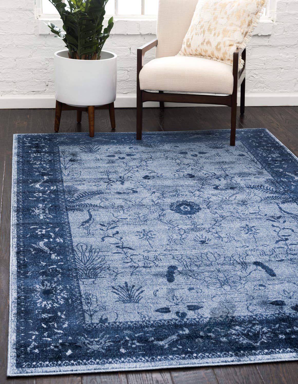 Unique Loom La Jolla Collection Farmhouse & Contemporary Area Rug - 7x10 ft Blue/Navy - Botanical Traditional Vintage Design - Perfect for Living Room, Bedroom or Office Decor