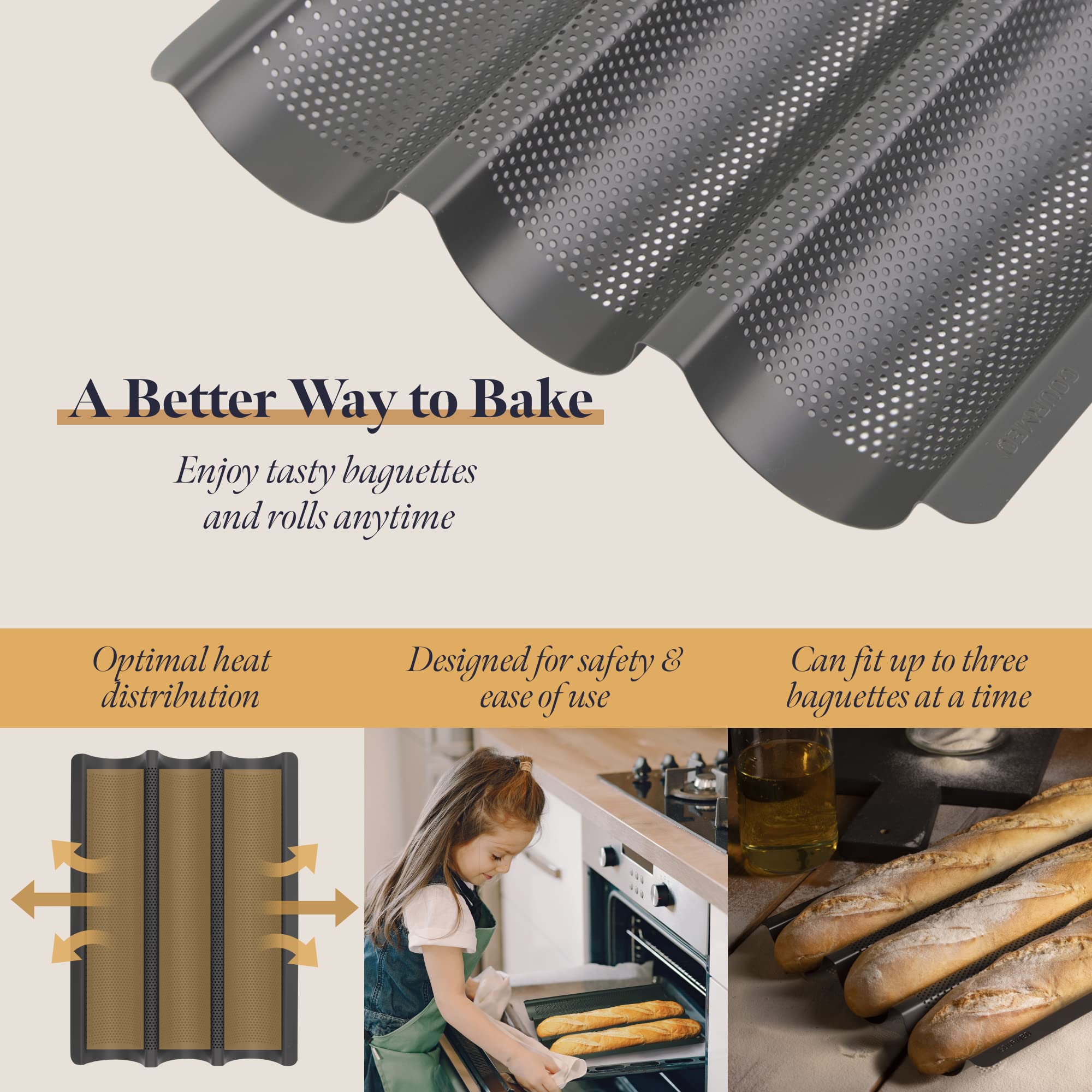 Non-Stick Perforated Baguette Baking Pan - French Bread Loaf Tray for 3 Perfect Baguettes - Premium Baking Supplies for Home & Professional Bakers - Ideal for French Bread, Sandwiches & Dinner Rolls