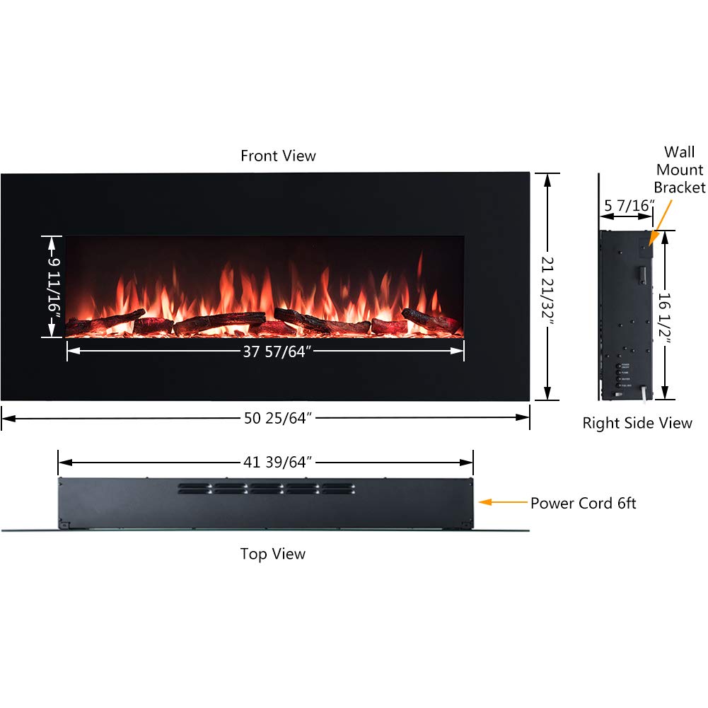 PuraFlame Serena 50-Inch Wall Mounted Linear Electric Fireplace with Realistic Log Set & Crystal, Adjustable Flame Color & Speed, 750W/1500W Heater, Remote Control with Timer, Black - Perfect for Living Room, Bedroom & Office (50.38