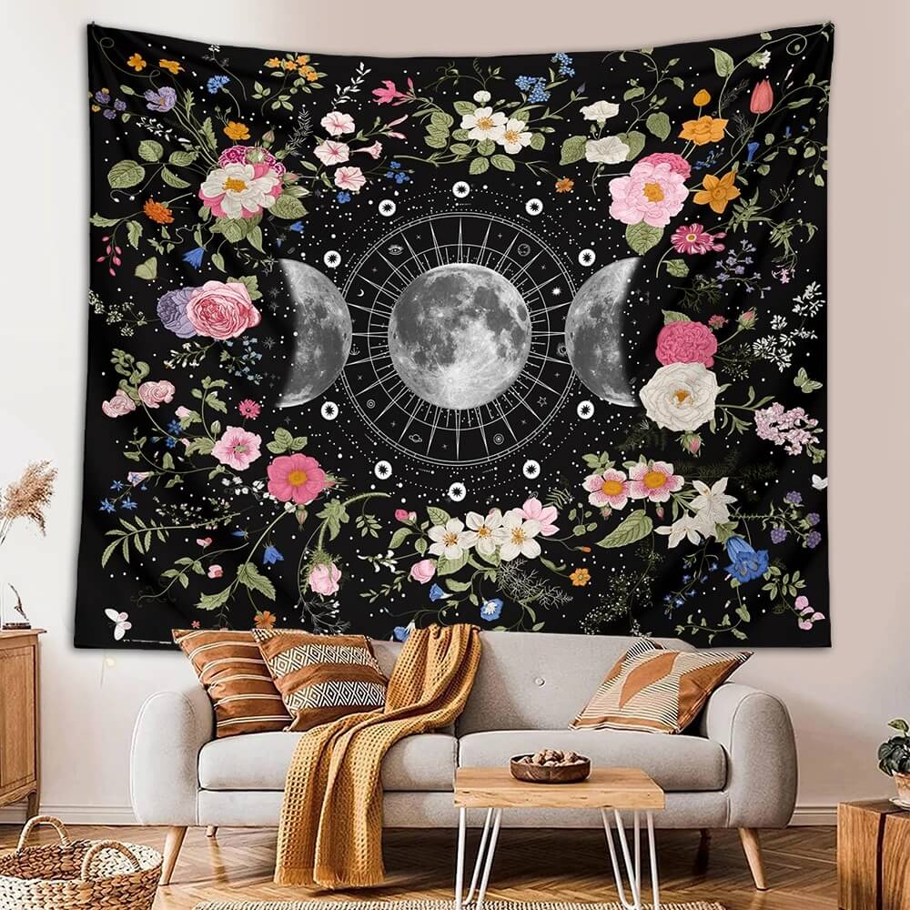 Floral Triple Moon Phases Tapestry Wall Hanging - Boho Home Decor for Bedroom, Living Room & Dorm - Perfect for Meditation Space & Wiccan Altar