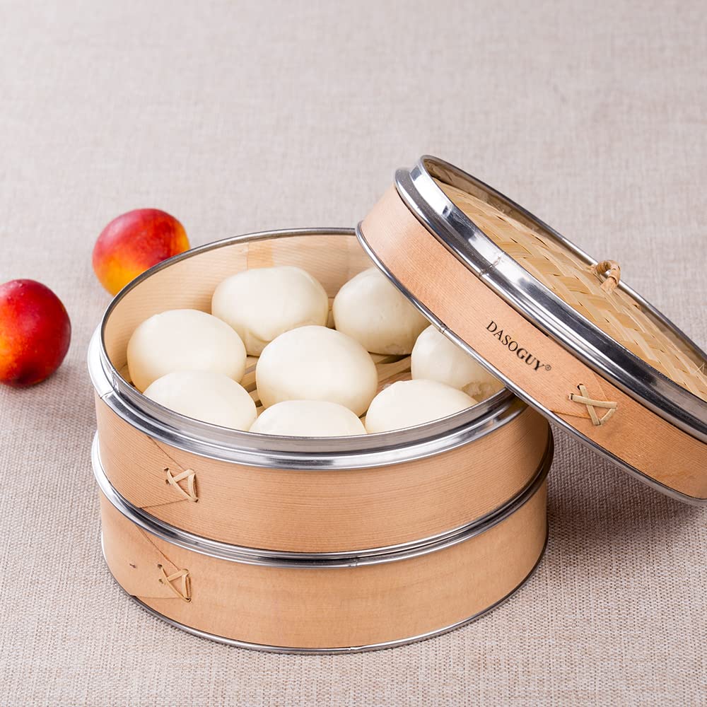 11.8 Inch Handmade Bamboo Steamer with Stainless Steel Rings - 3 Tier Stackable Dumpling Steamer Basket for Dim Sum, Buns & Rice | Includes Chopsticks & Cotton Liners | Perfect for Asian Cooking, Meal Prep & Party Serving