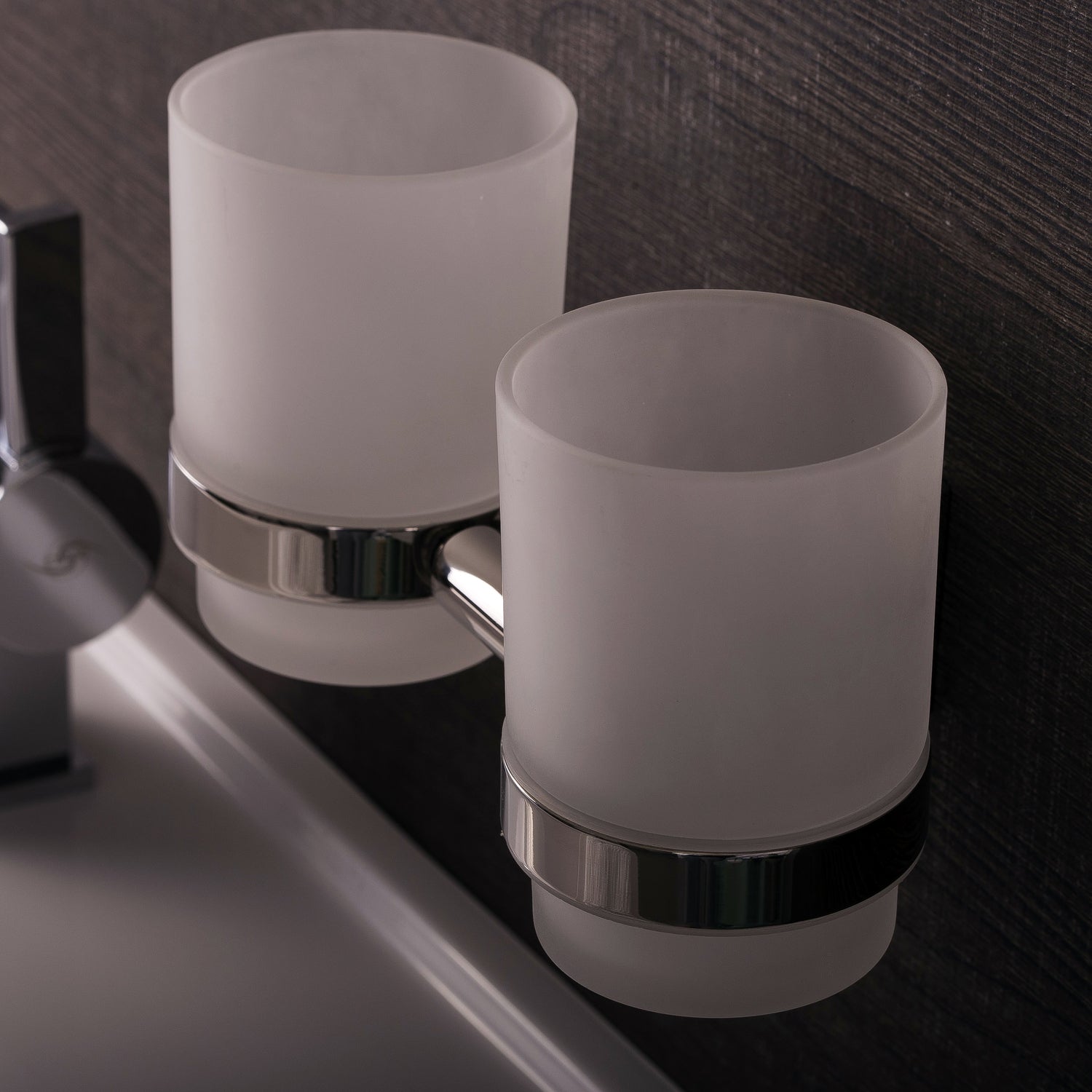 DAX Stainless Steel Wall Mount Toothbrush Holder with Glass Cup - Double Tumbler Bathroom Organizer, Satin Finish (7 1/16