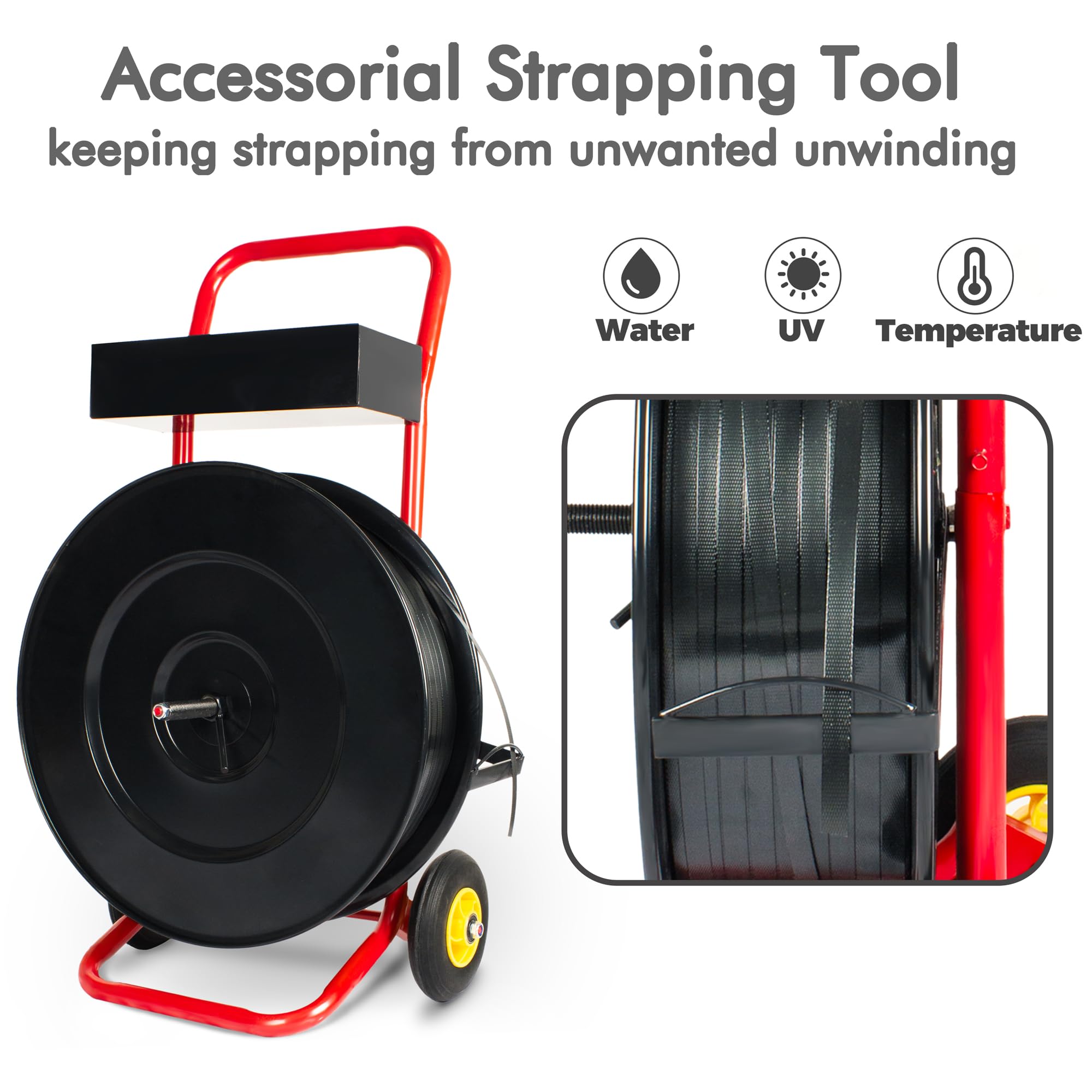 Premium Strapping Dispenser with Built-in Tray - Heavy Duty for Polypropylene, Fiber & Steel Strapping - Mobile Banding Cart for Secure Shipping & Logistics